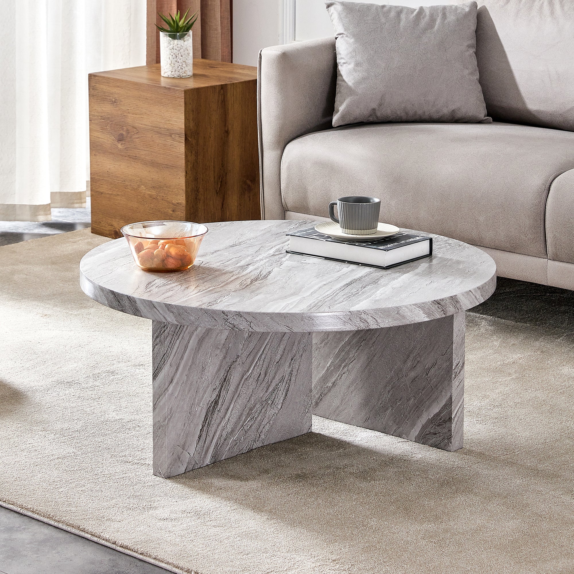 🆓🚛 Circular Textured Coffee Table, 31.4-" Gray Middle Table, Modern Coffee Table, Suitable for Small Spaces, Living Room, Gray