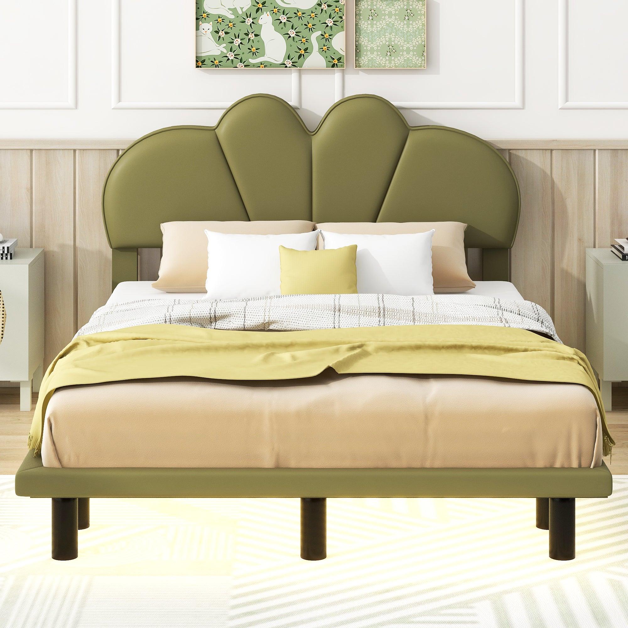 Full Size Upholstery Platform Bed with PU Leather Headboard and Support Legs, Underbed LED Light, Green