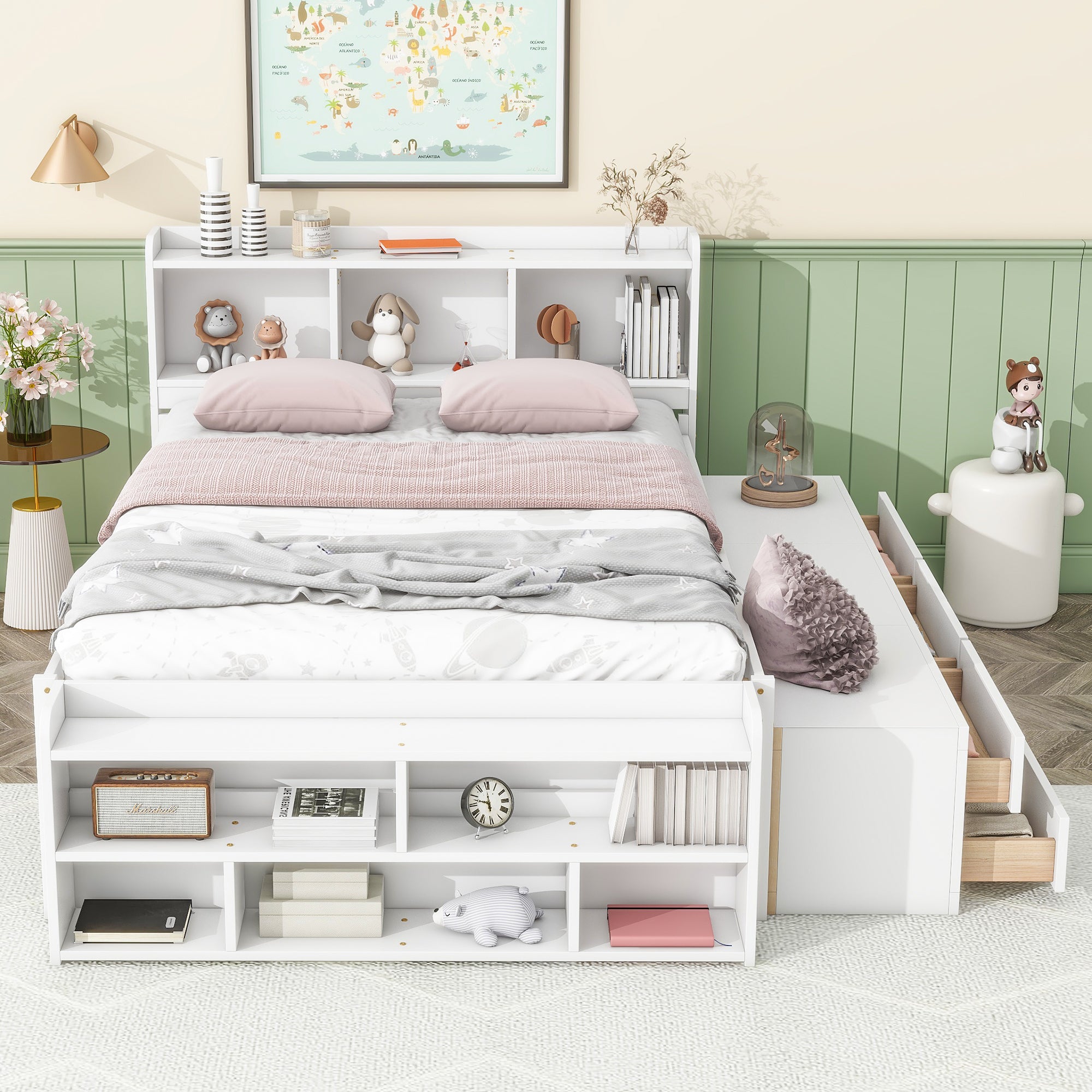 🆓🚛 Full Bed With Bookcase Headboard, Under Bed Storage Drawers and Bed End Storage Case, White