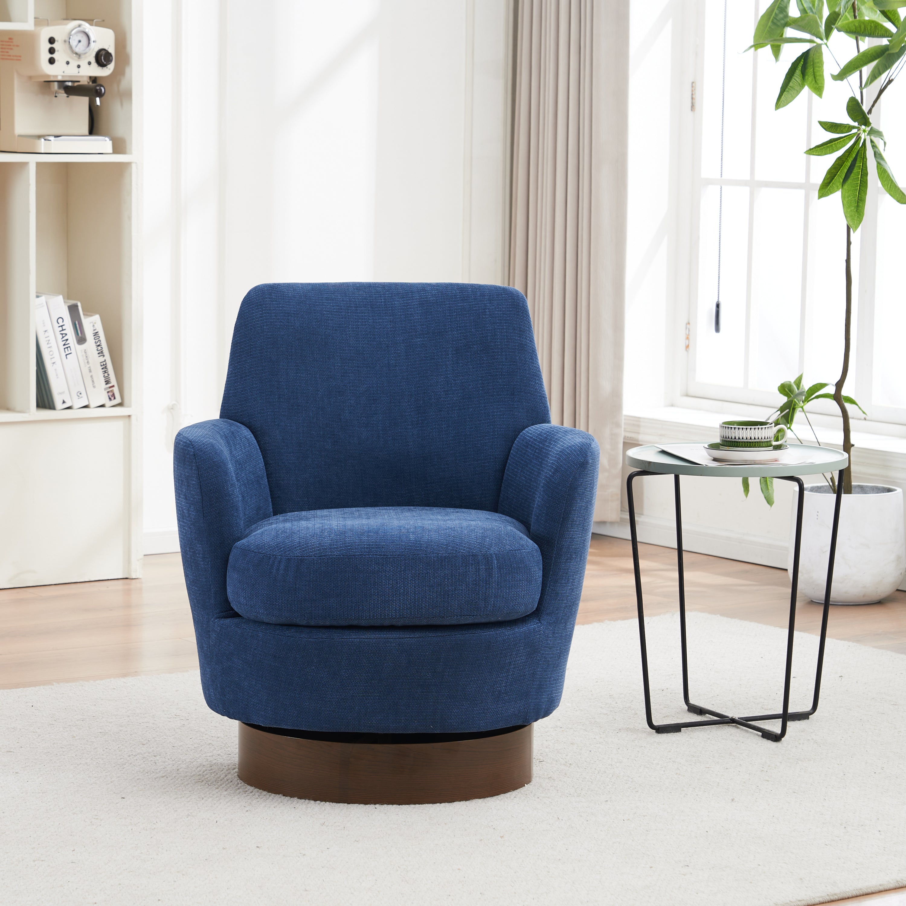 🆓🚛 Polyester Swivel Barrel Chair, Swivel Accent Chairs Armchair for Living Room, Gold Stainless Steel Base, Blue