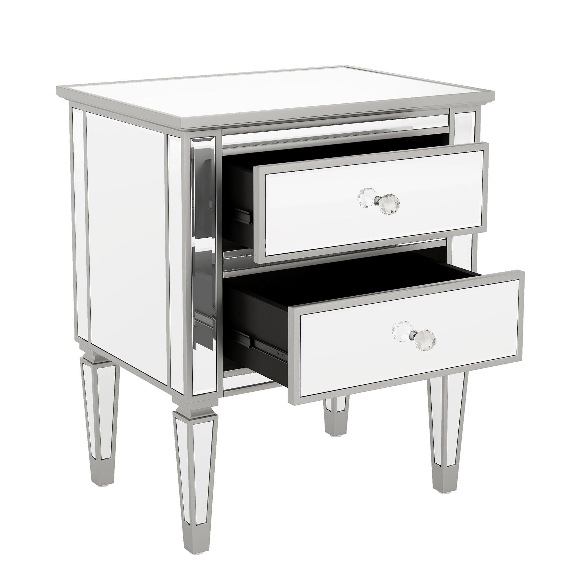 Elegant Mirrored Side Table with 2 Drawers, Modern Silver Finished for Living Room, Hallway, Entryway