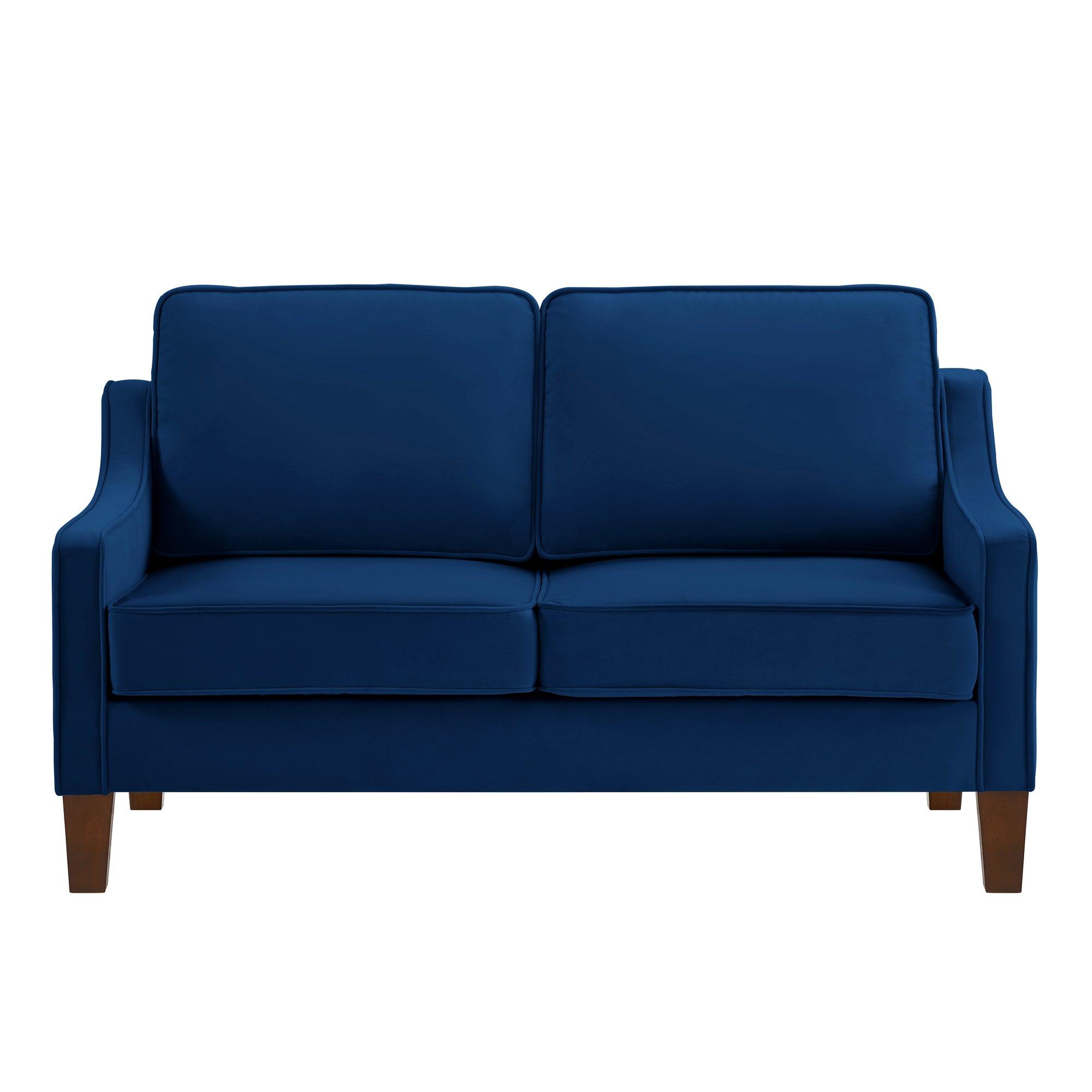 🆓🚛 Modern Loveseat Sofa for Living Room, Upholstered Velvet Small Couch With Wooden Legs for Livingroom Bedroom, Navy