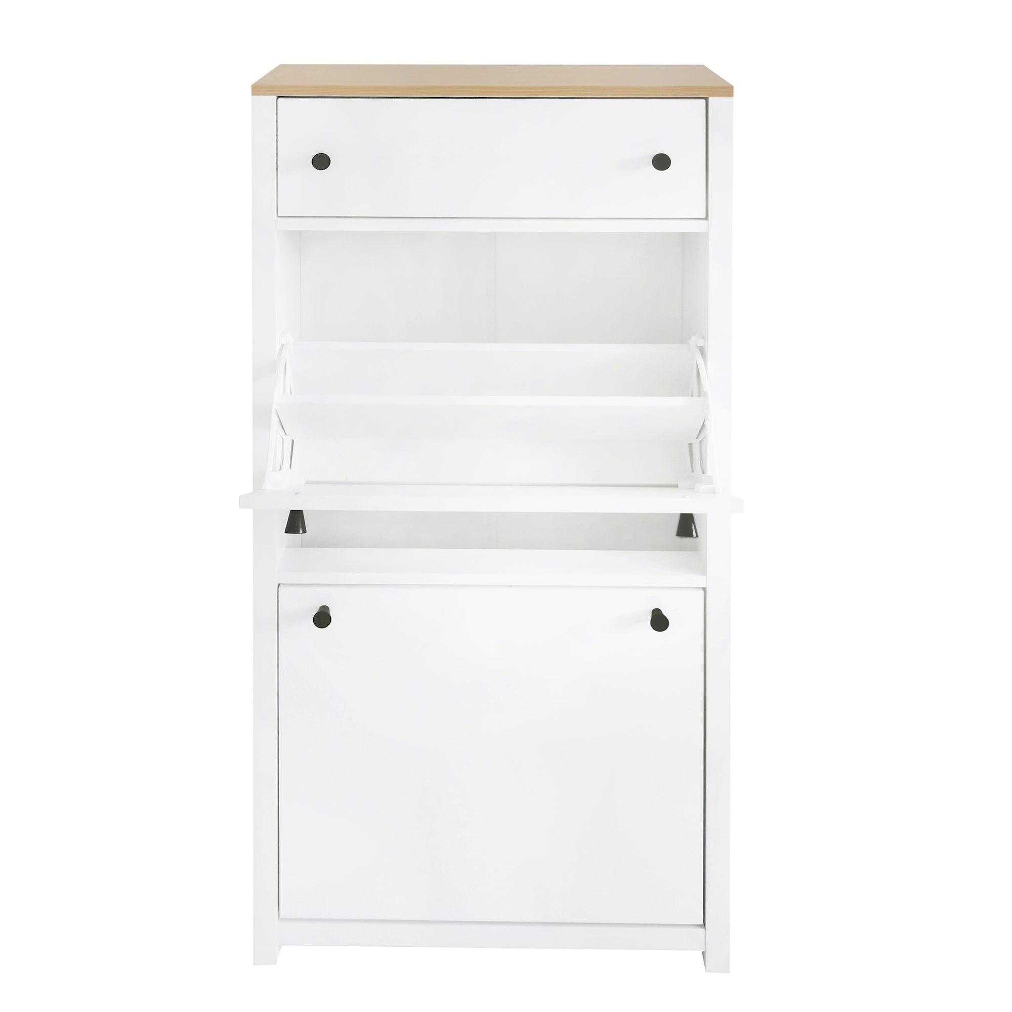 Functional Entryway Organizer with 2 Flip Drawers, Wood Grain Pattern Top Shoe Cabinet with Drawer, Free Standing Shoe Rack with Adjustable Panel for Hallway, White