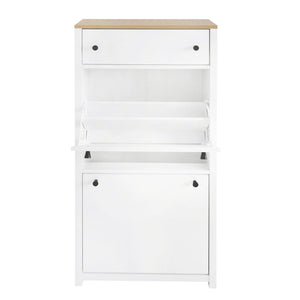 Functional Entryway Organizer with 2 Flip Drawers, Wood Grain Pattern Top Shoe Cabinet with Drawer, Free Standing Shoe Rack with Adjustable Panel for Hallway, White