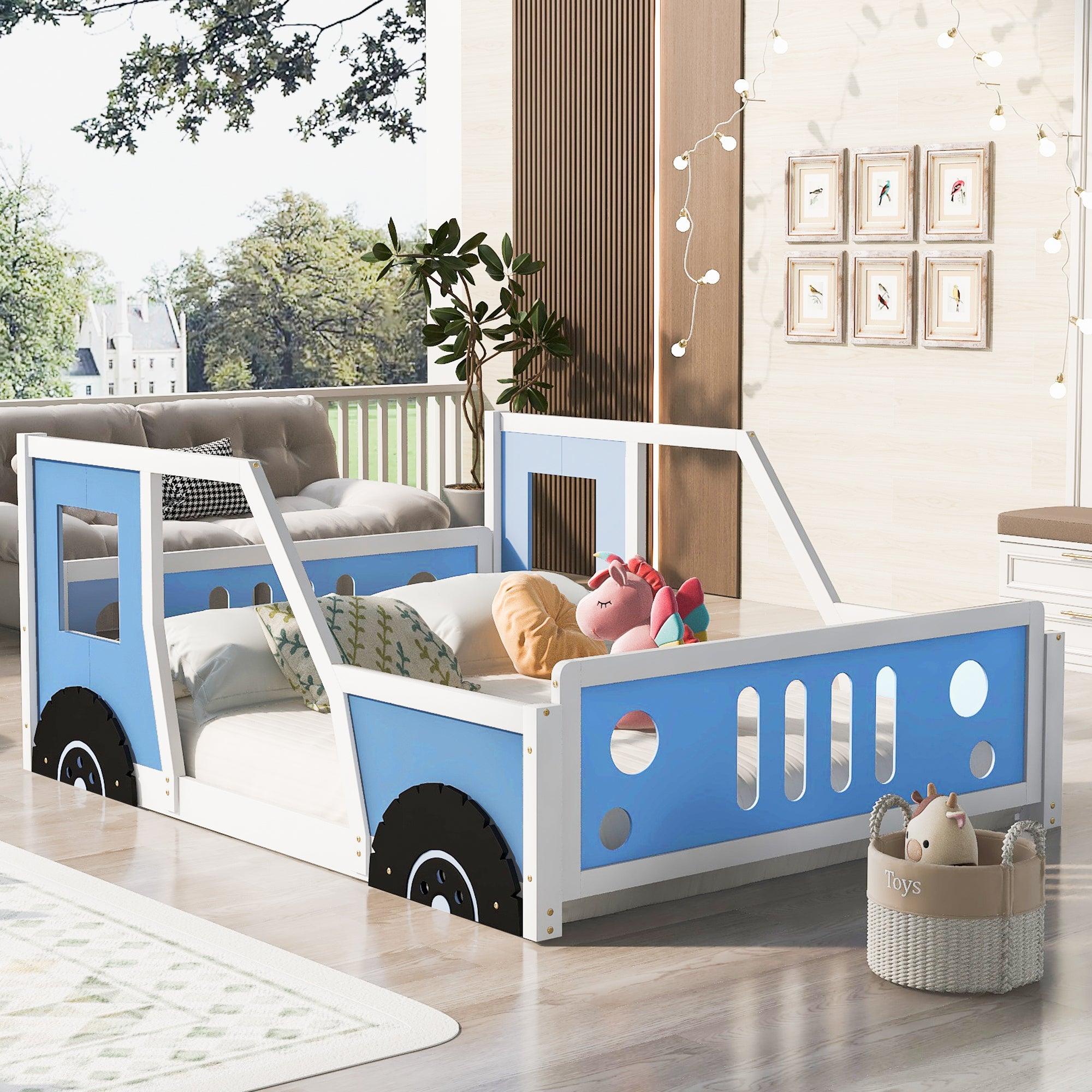 🆓🚛 Full Size Classic Car-Shaped Platform Bed With Wheels, Blue