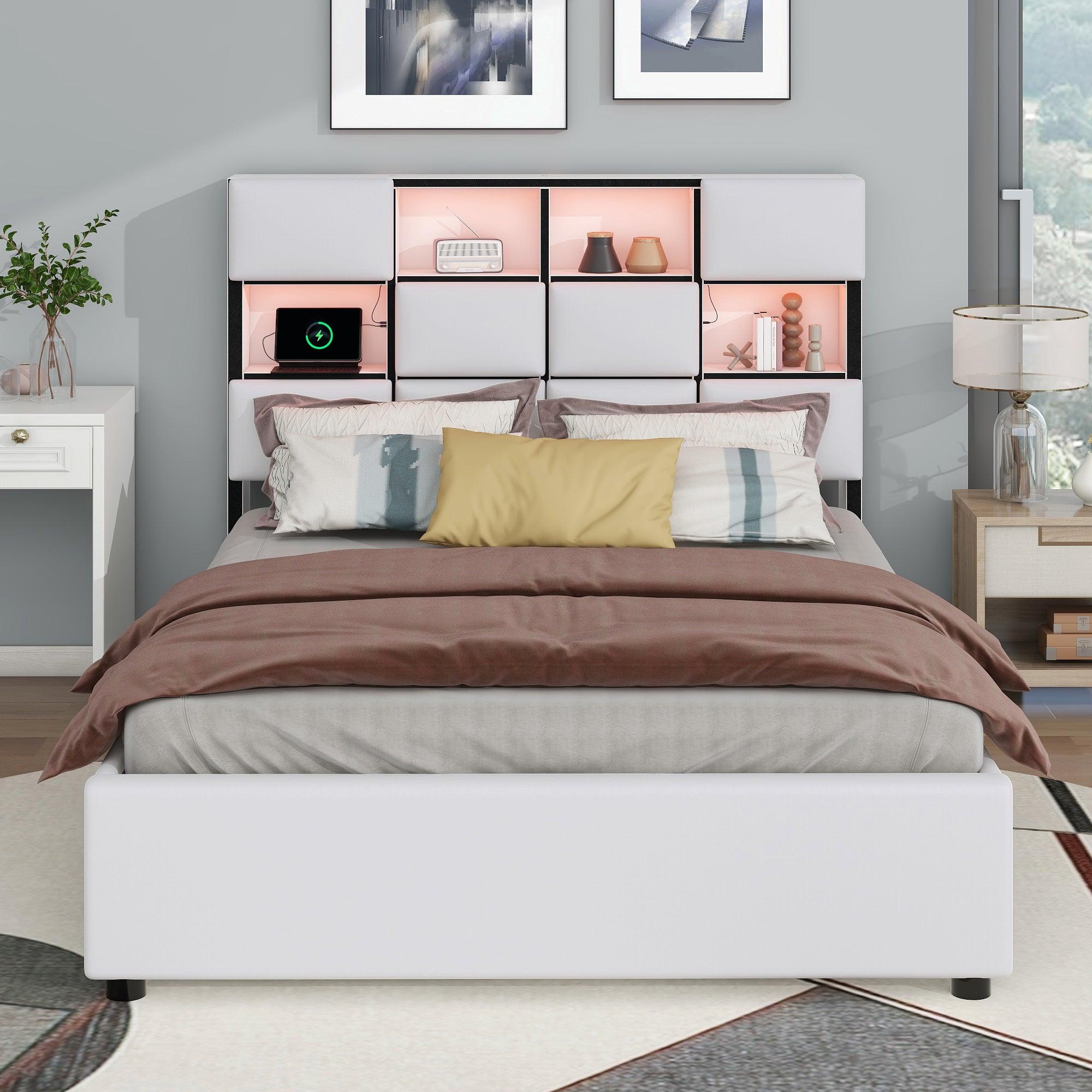 🆓🚛 Full Size Upholstered Platform Bed With Led, Storage & Usb, Beige