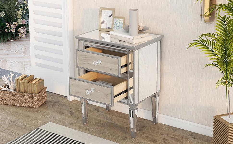 Elegant Mirrored Side Table with 2 Drawers, Modern Silver Finished for Living Room, Hallway, Entryway