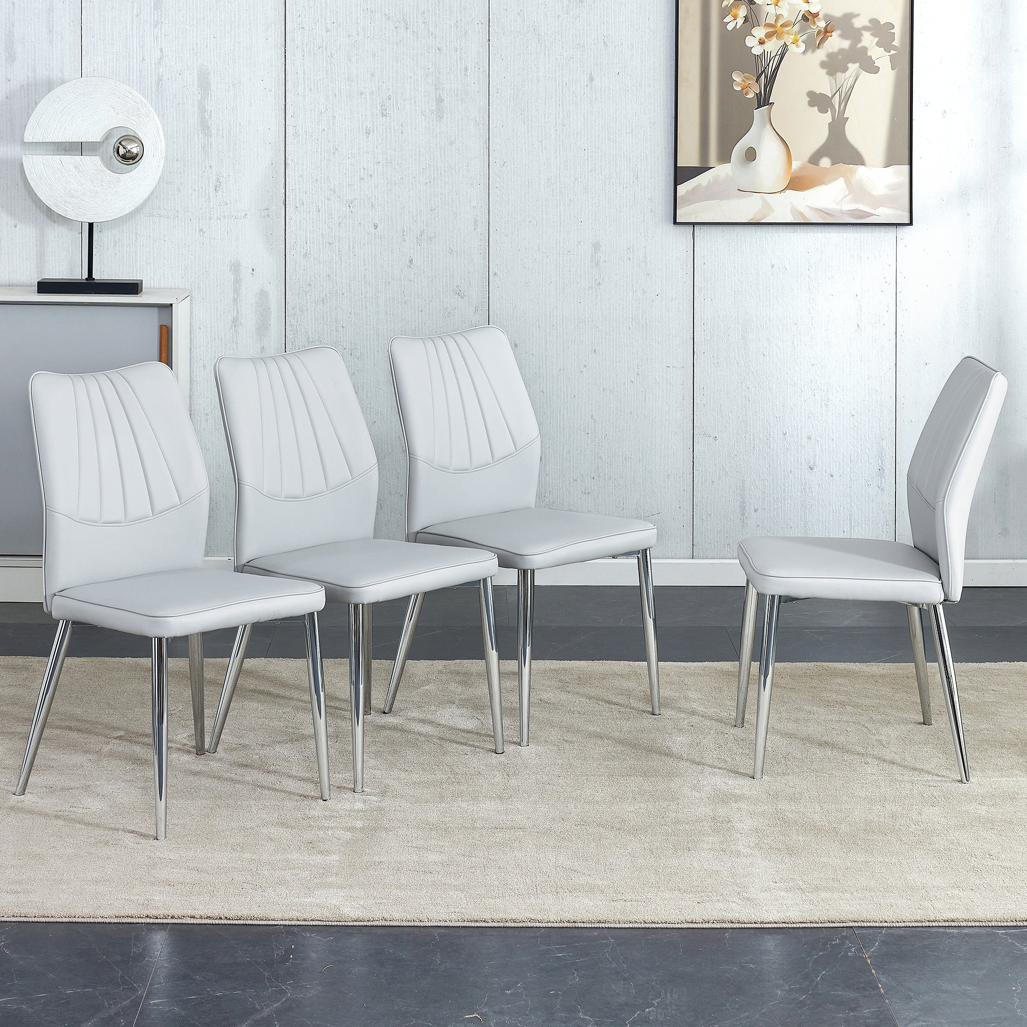 🆓🚛 6 Light Gray Dining Chairs Modern Chairs From The Middle Ages Made of Pu Material Cushion & Silver Metal Legs Suitable for Restaurants & Living Rooms C-009