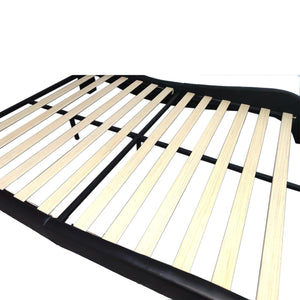 Faux Leather Upholstered Platform Bed Frame with led lighting, Bluetooth connection to play music control, Backrest vibration massage, Curve Design, Wood Slat Support, Exhibited Speakers, Queen