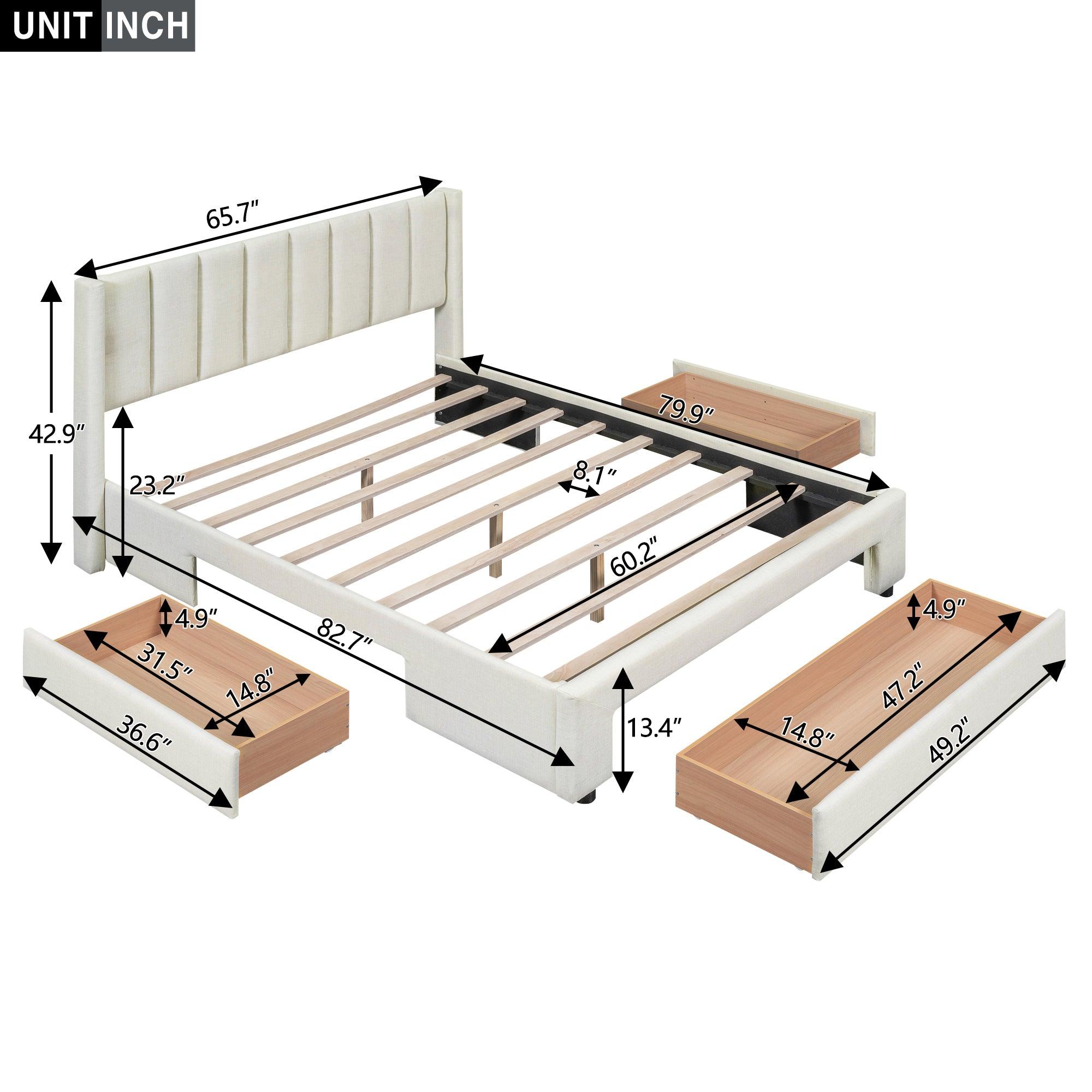 Full Size Upholstered Platform Bed with One Large Drawer in the Footboard and Drawer on Each Side, Beige