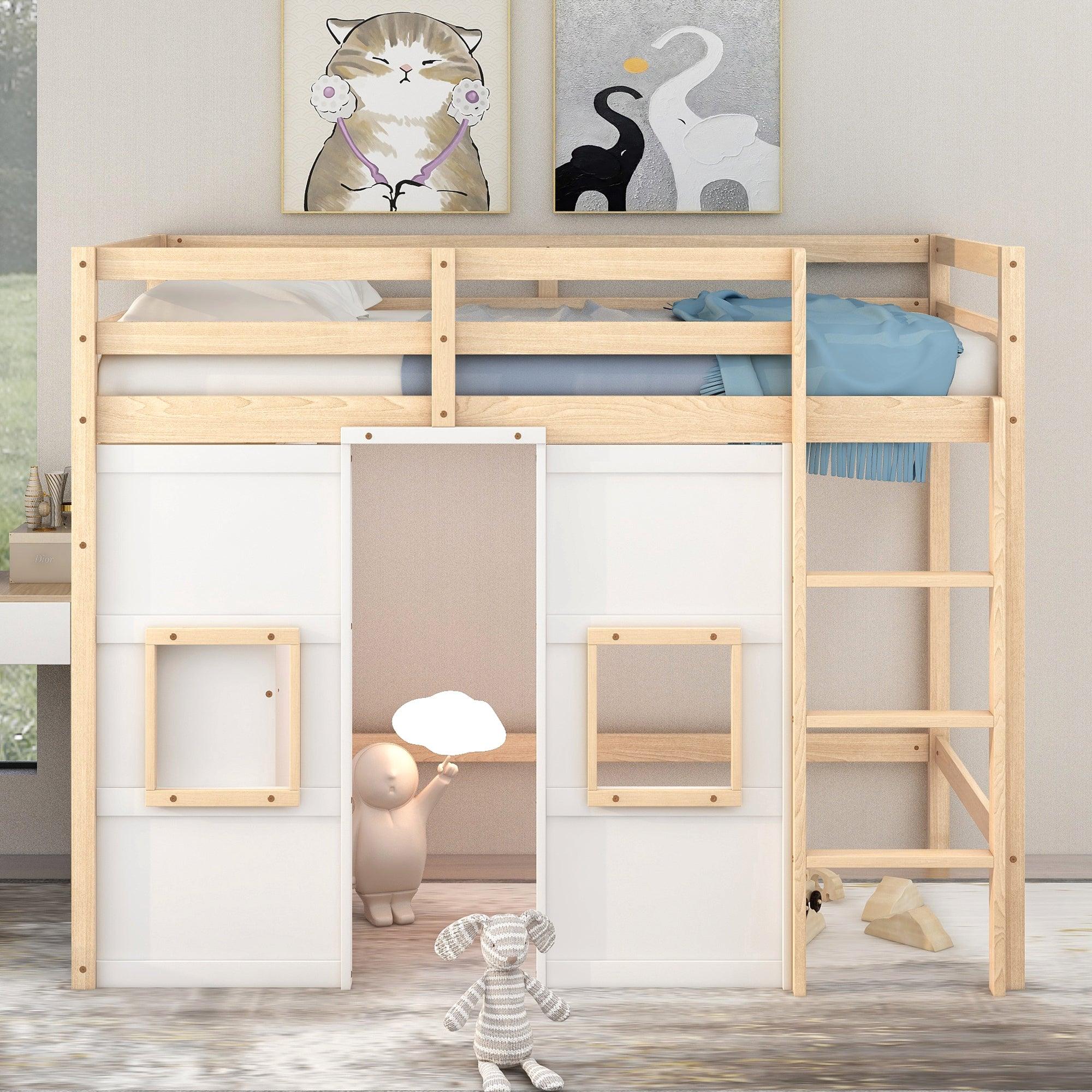 🆓🚛 Wood Twin Size Loft Bed With Built-in Storage Wardrobe & 2 Windows, Natural/White