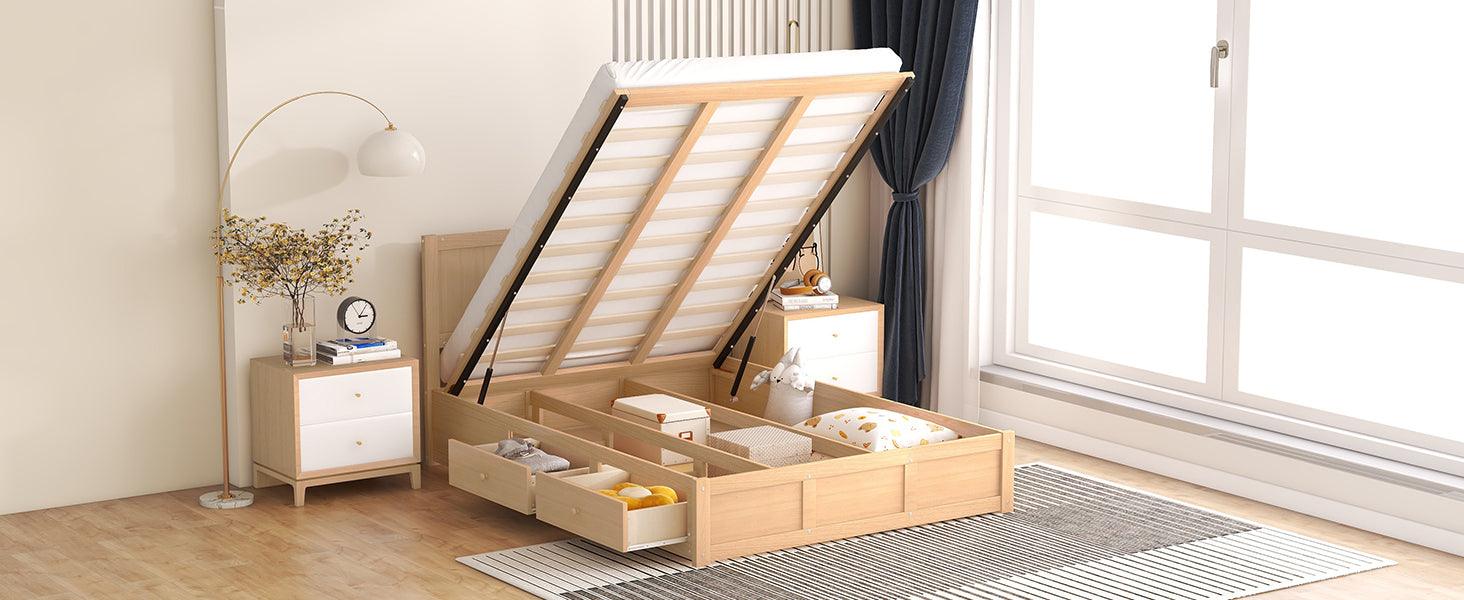 Full Size Wood Platform Bed with Underneath Storage and 2 Drawers, Wood Color