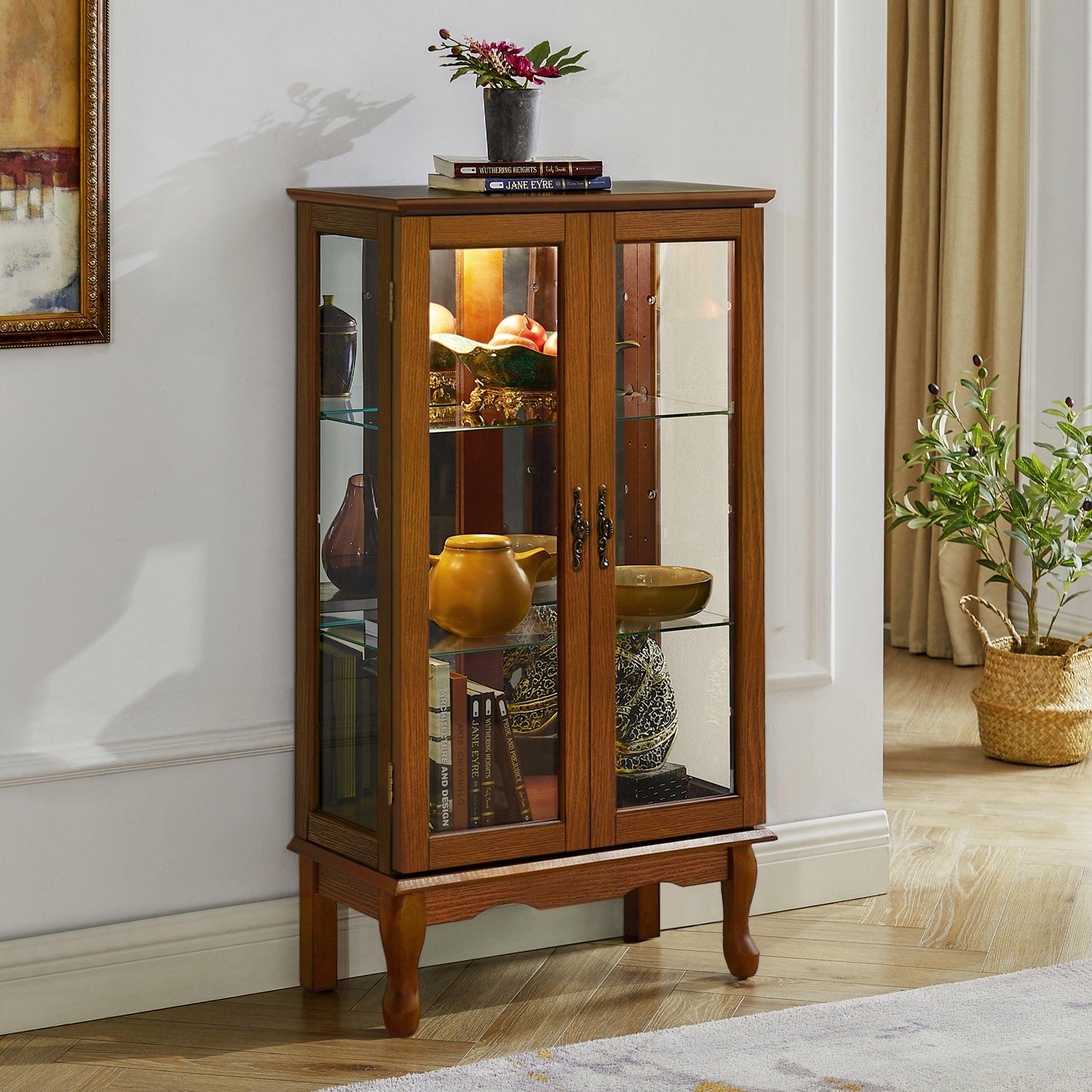 🆓🚛 3 Tier Curio Cabinet Lighted Diapaly Cabinet With Adjustable Shelves & Mirrored Back Panel, Tempered Glass Doors Oak, (E26 Light Bulb Not Included)