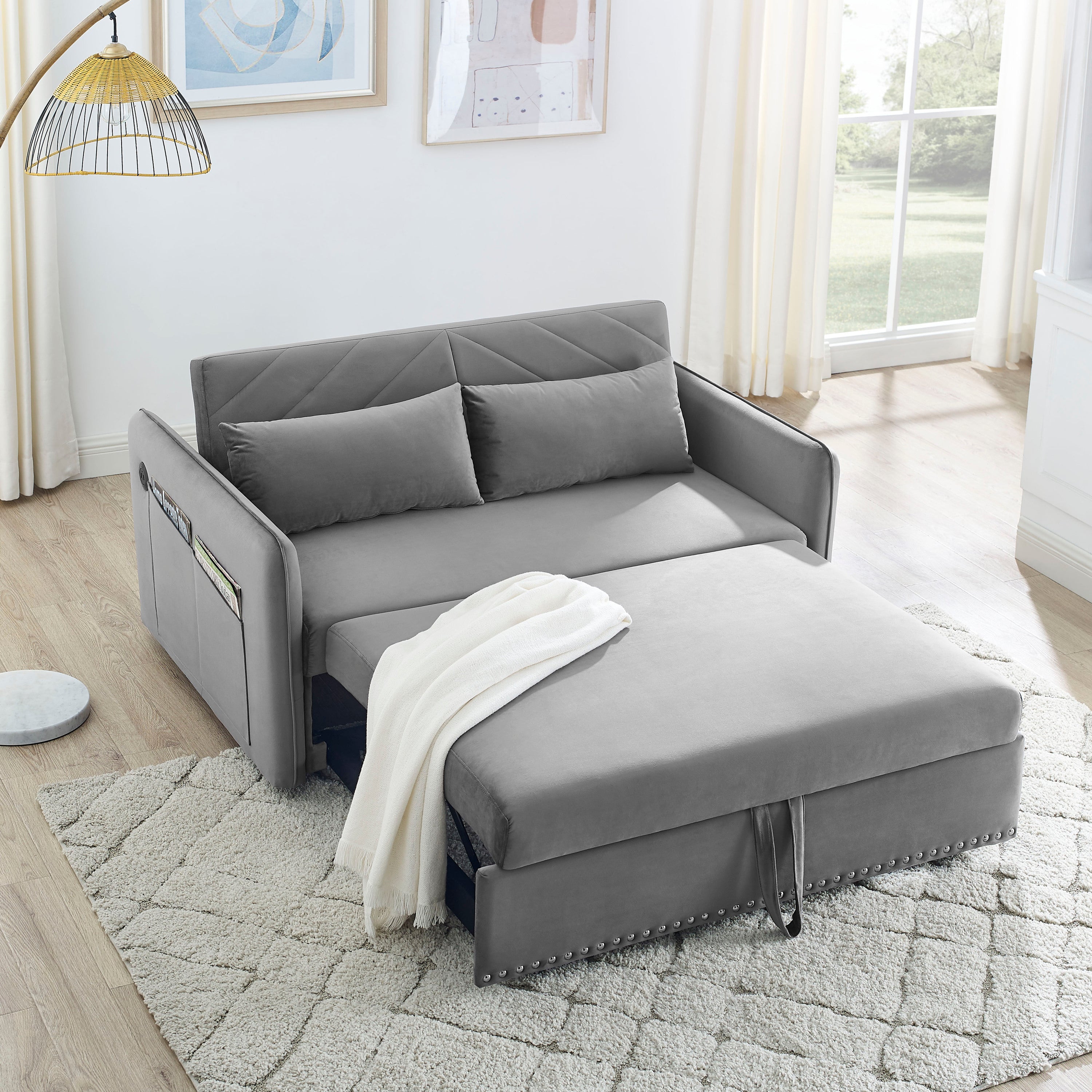 🆓🚛 3-In-1 Adjustable Sleeper With Pull-Out Bed, 2 Lumbar Pillows and Side Pocket, Soft Velvet Convertible Sleeper Sofa Bed, Gray