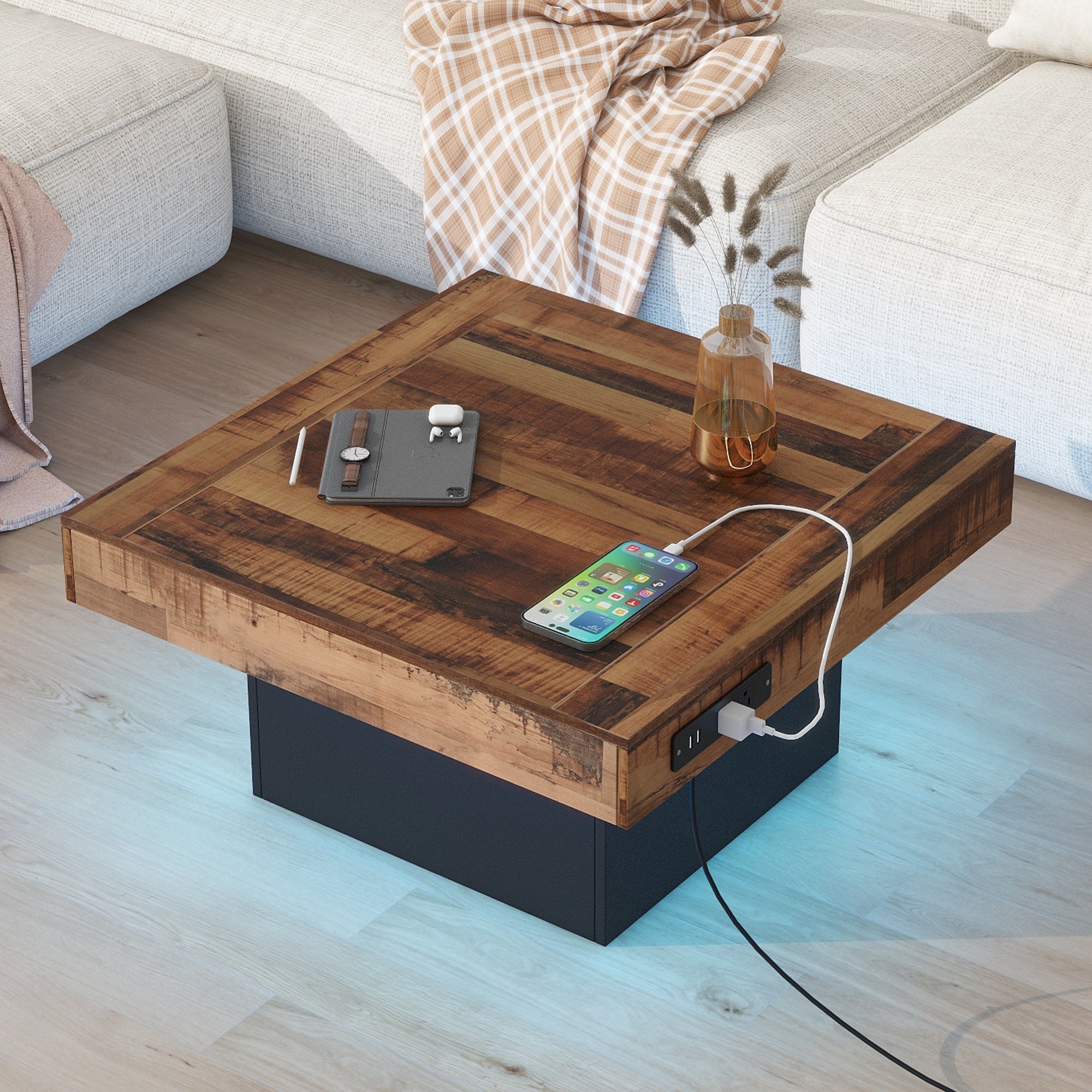 31.4'' X 31.4'' Farmhouse Coffee Table With 2 Usb Ports and Outlets, Brown Spliced Wood Grain Center Table With Led Light, Rustic Cocktail Table With Charging Station for Living Room, Black