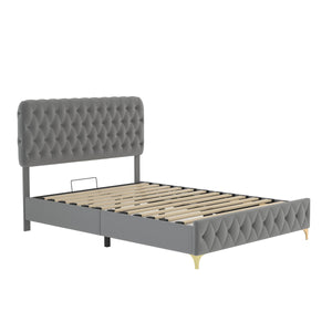 Full Platform Bed Frame With pneumatic hydraulic function, Velvet Upholstered Bed with Deep Tufted Buttons, Lift up storage bed With Hidden Underbed Oversized Storage,  Gray