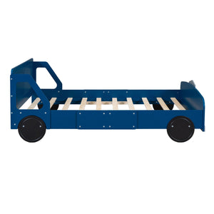 Full Size Car-Shaped Platform Bed with Wheels, Blue