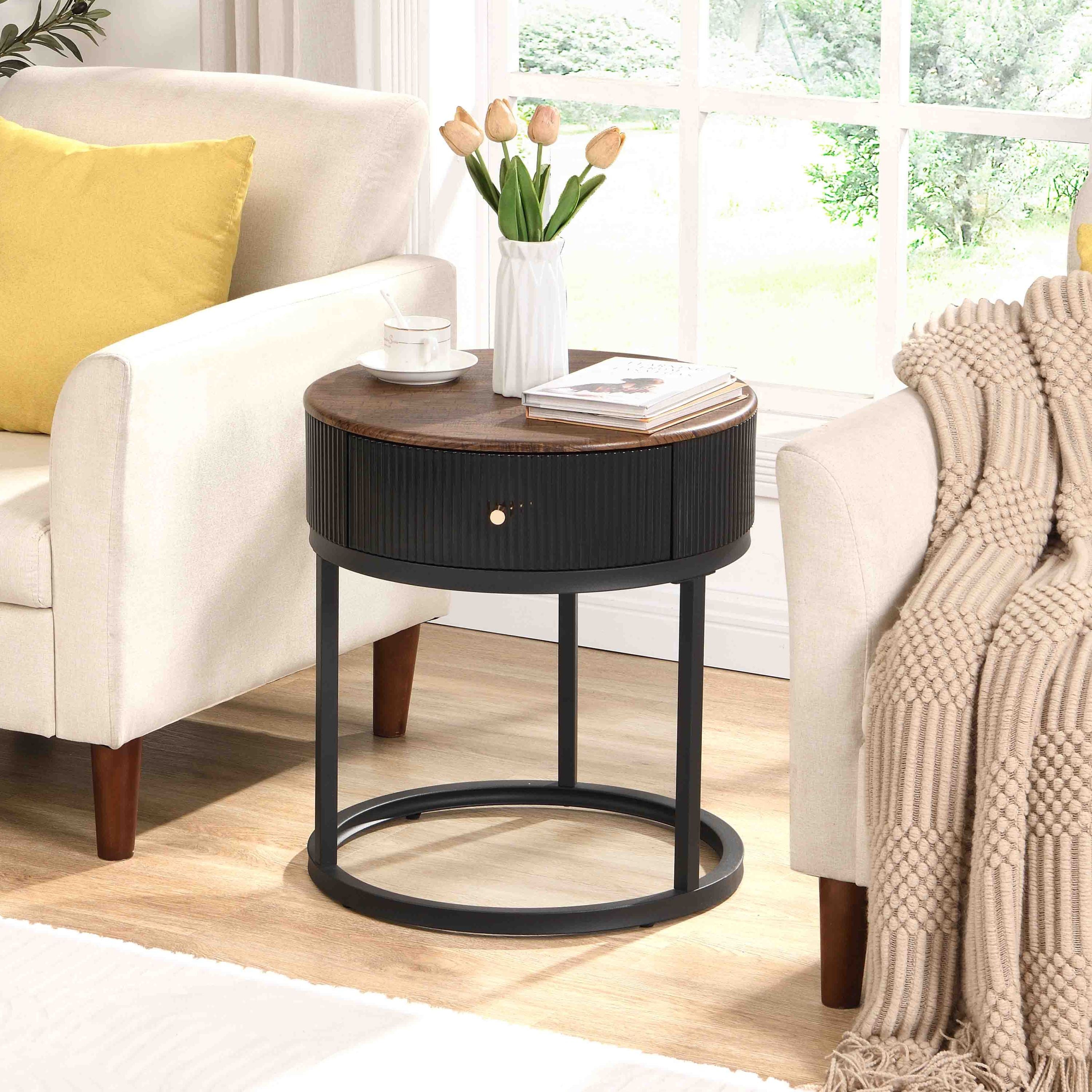 Round Nightstand with Drawer, 19.68" Wood End Table with Storage, Small Table or Living Room, Bedroom and Small Spaces