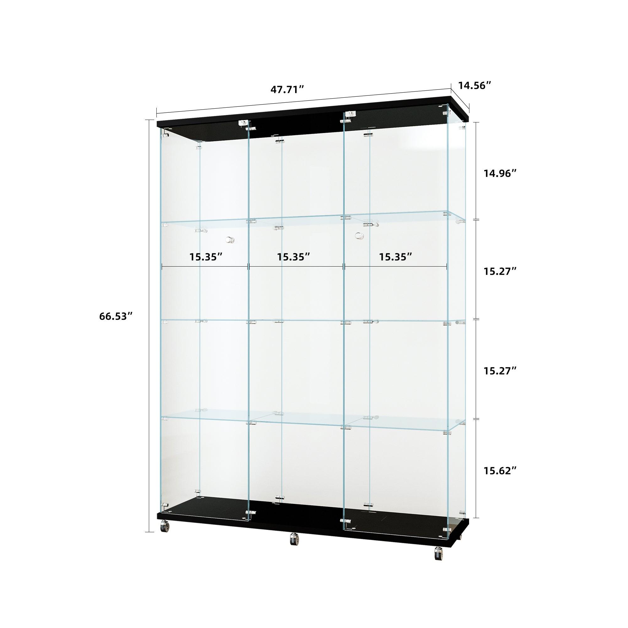 Glass Display Cabinet with 4 Shelves Extra Large, Curio Cabinets for Living Room, Bedroom, Office, Black Floor Standing Glass Bookshelf, Quick Installation