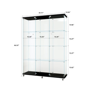 Glass Display Cabinet with 4 Shelves Extra Large, Curio Cabinets for Living Room, Bedroom, Office, Black Floor Standing Glass Bookshelf, Quick Installation