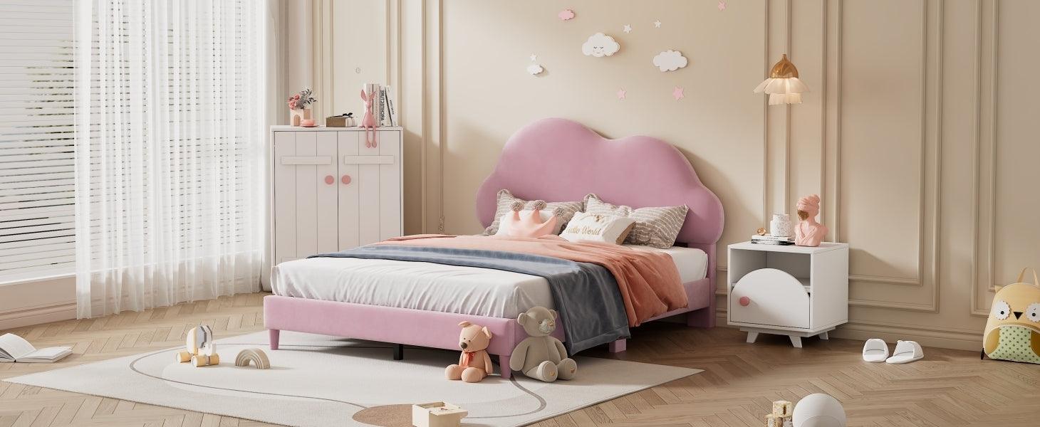 Full size Upholstered Cloud-Shape Bed , Velvet Platform Bed with Headboard, No Box-spring Needed, Pink