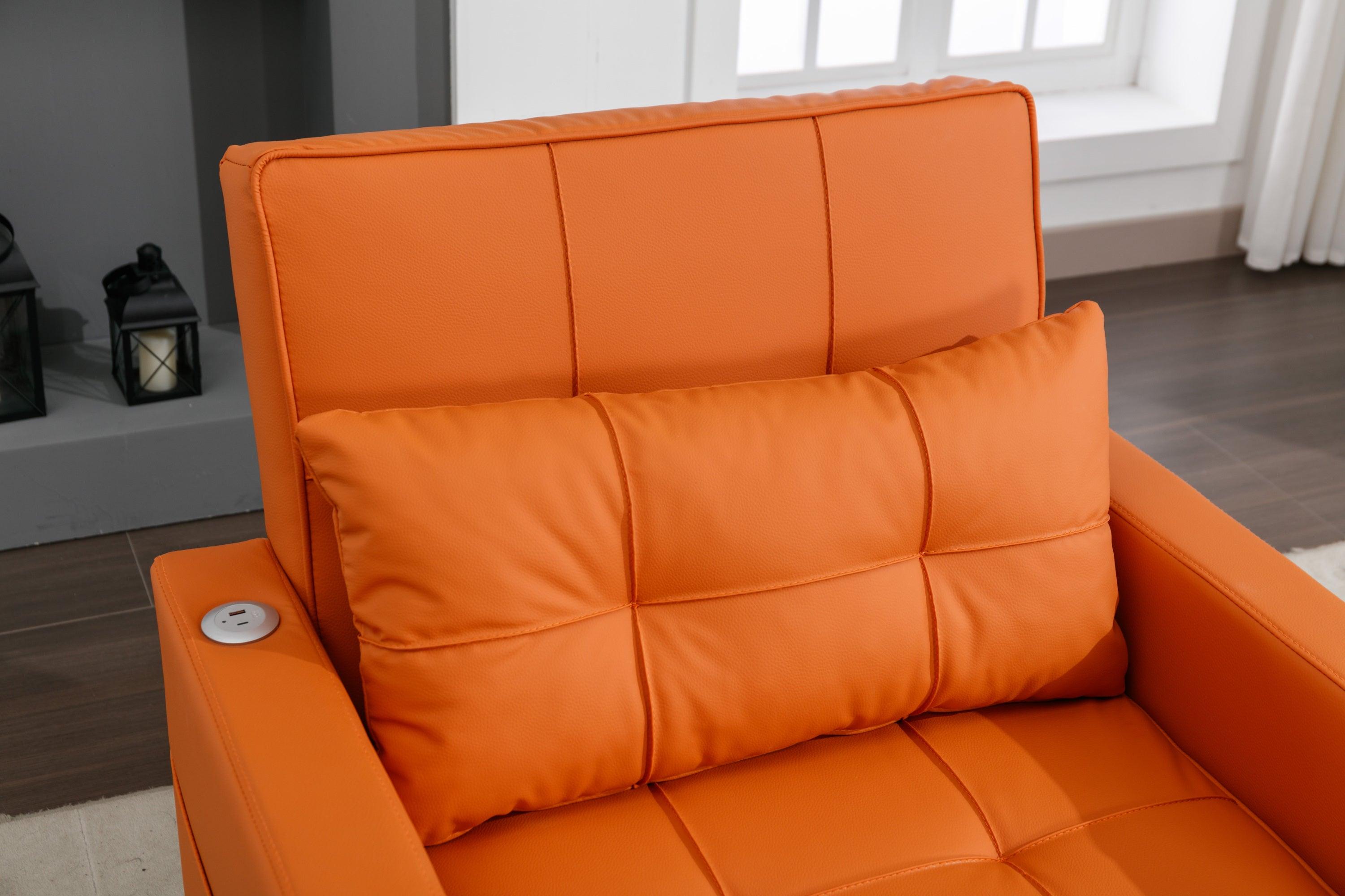 Futon Chair Bed Convertible Chair 3-in-1 Pull Out Sleeper Chair Beds with USB Ports, Wear-resistant and Anti-scratch, Armchair Bed Sleeper for Living Room (Orange Leather)