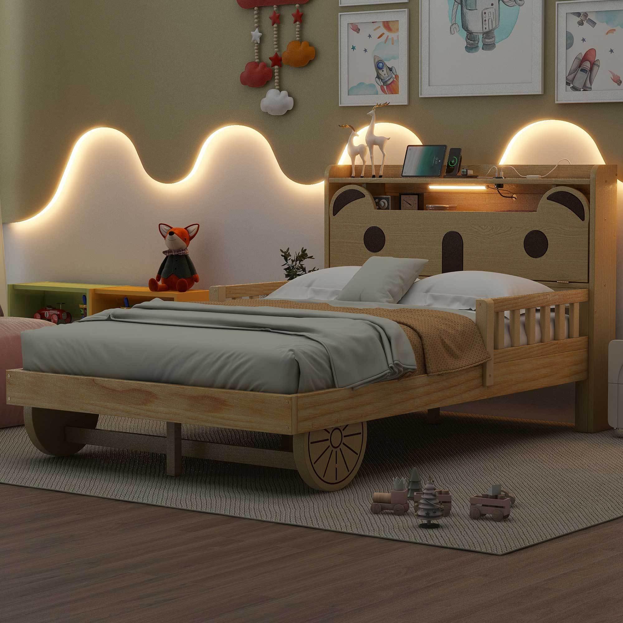 🆓🚛 Full Size Car Bed With Bear-Shaped Headboard, Usb & Led, Natural