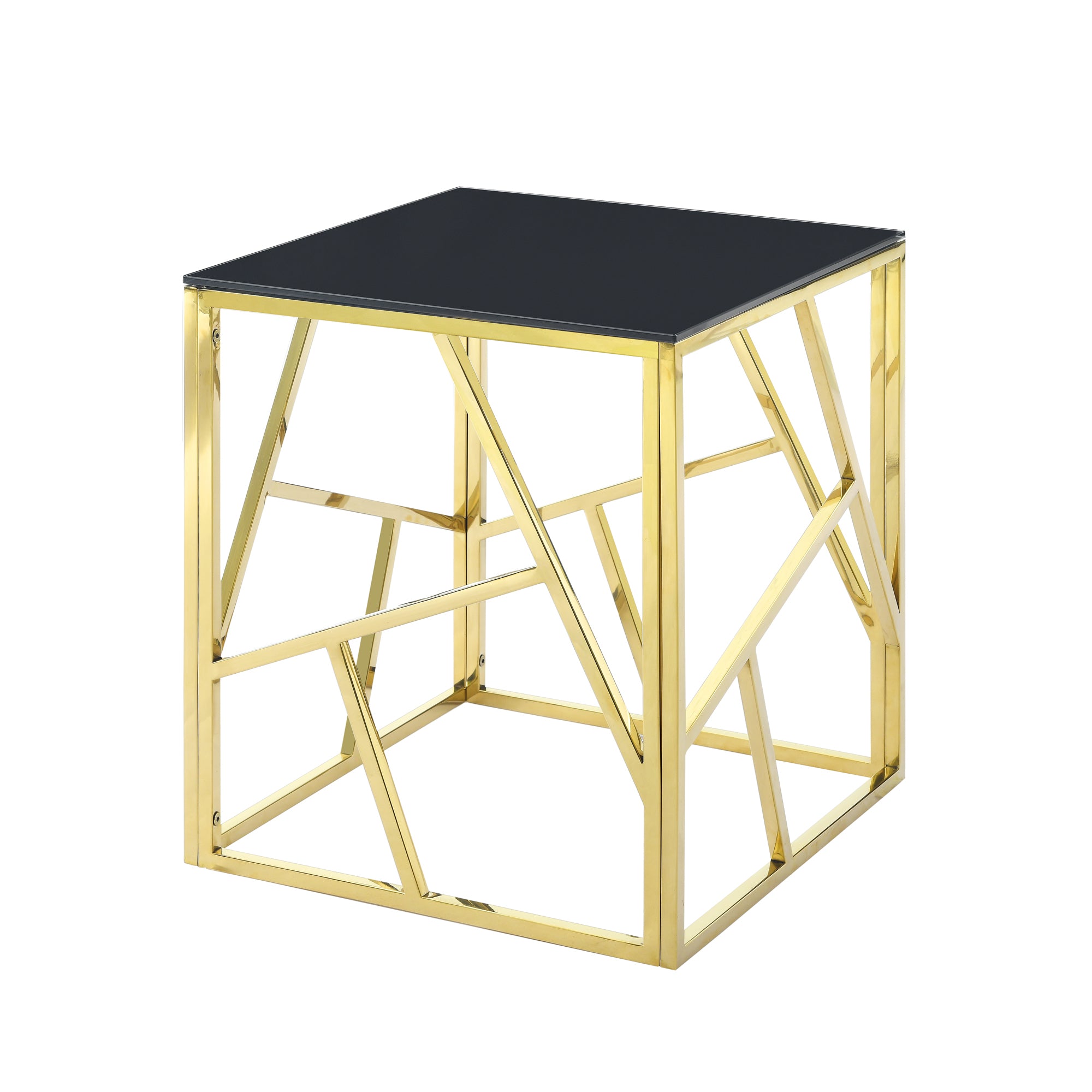 20 Inch Modern Glass End Table with Geometric Metal Frame, Accent Table Nightstand Furniture Corner Table for Living Room, Home Office, Bedroom - Gold