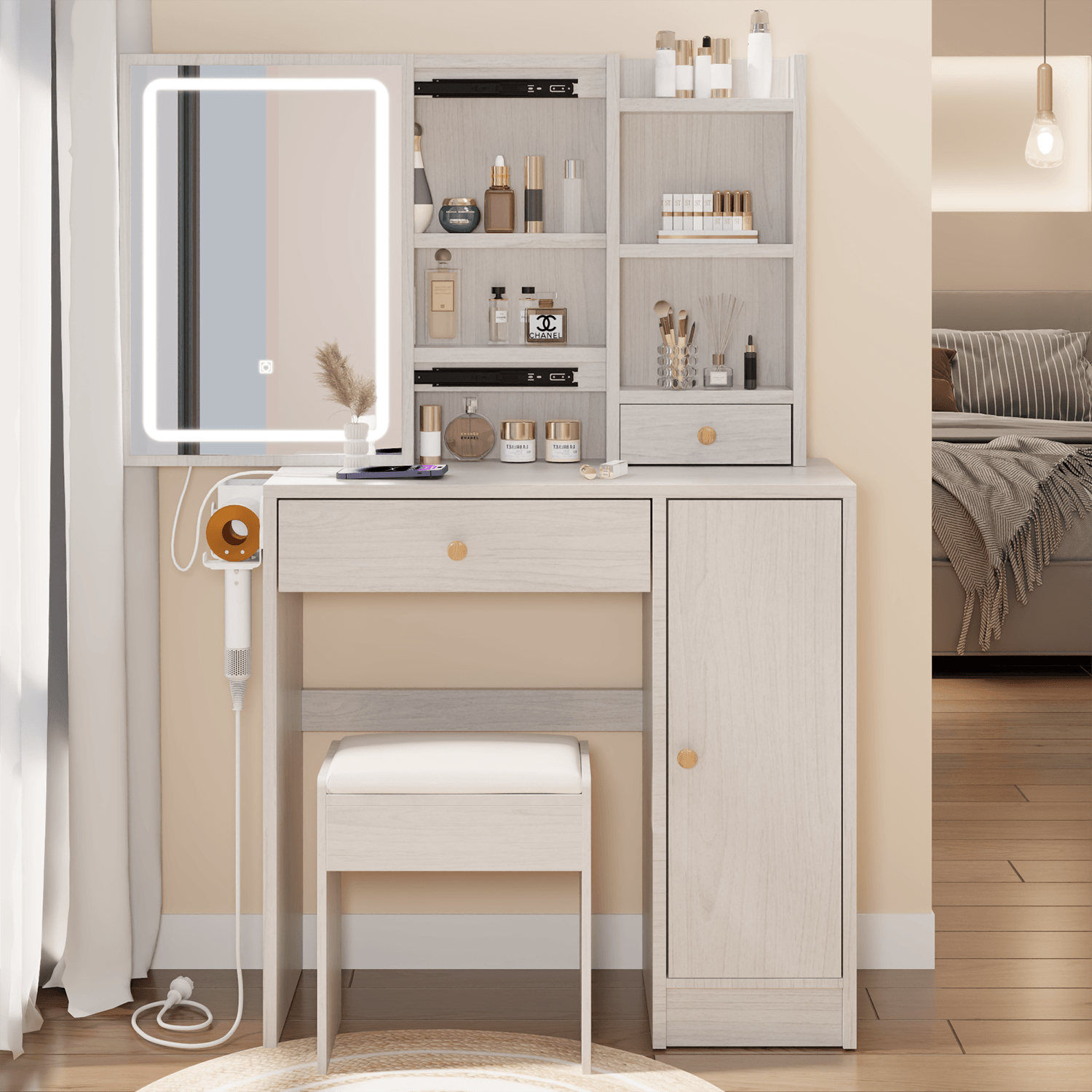 🆓🚛 Right Cabinet Desktop Vanity Table + Cushioned Stool, With 2 Ac Power + 2 Usb Socket, Extra Large Sliding Led Mirror, Tri-Color, Brightness Adjustable, Large Desktop, High Capacity Multi-Layer Storage