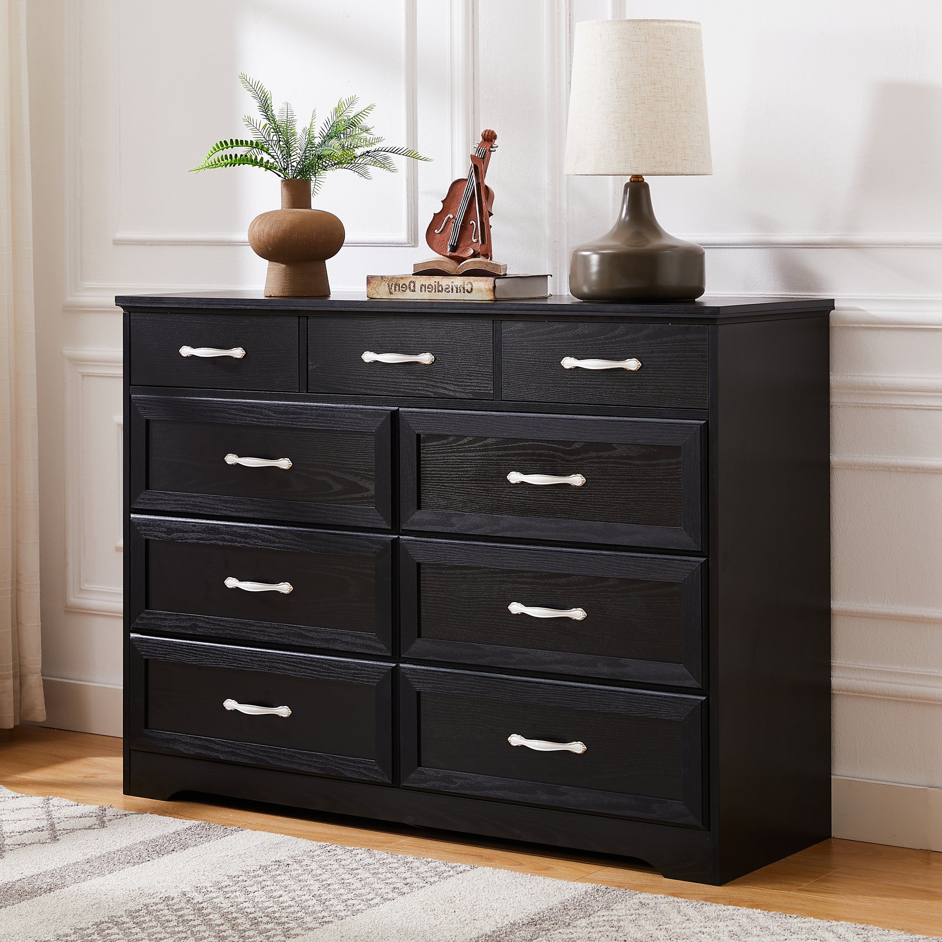 🆓🚛 Bedroom Dresser, 9 Drawer Long Dresser With Antique Handles, Wood Chest of Drawers for Kids Room, Living Room, Entry and Hallway, Black, 47.56''W X 15.75''D X 34.45''H.