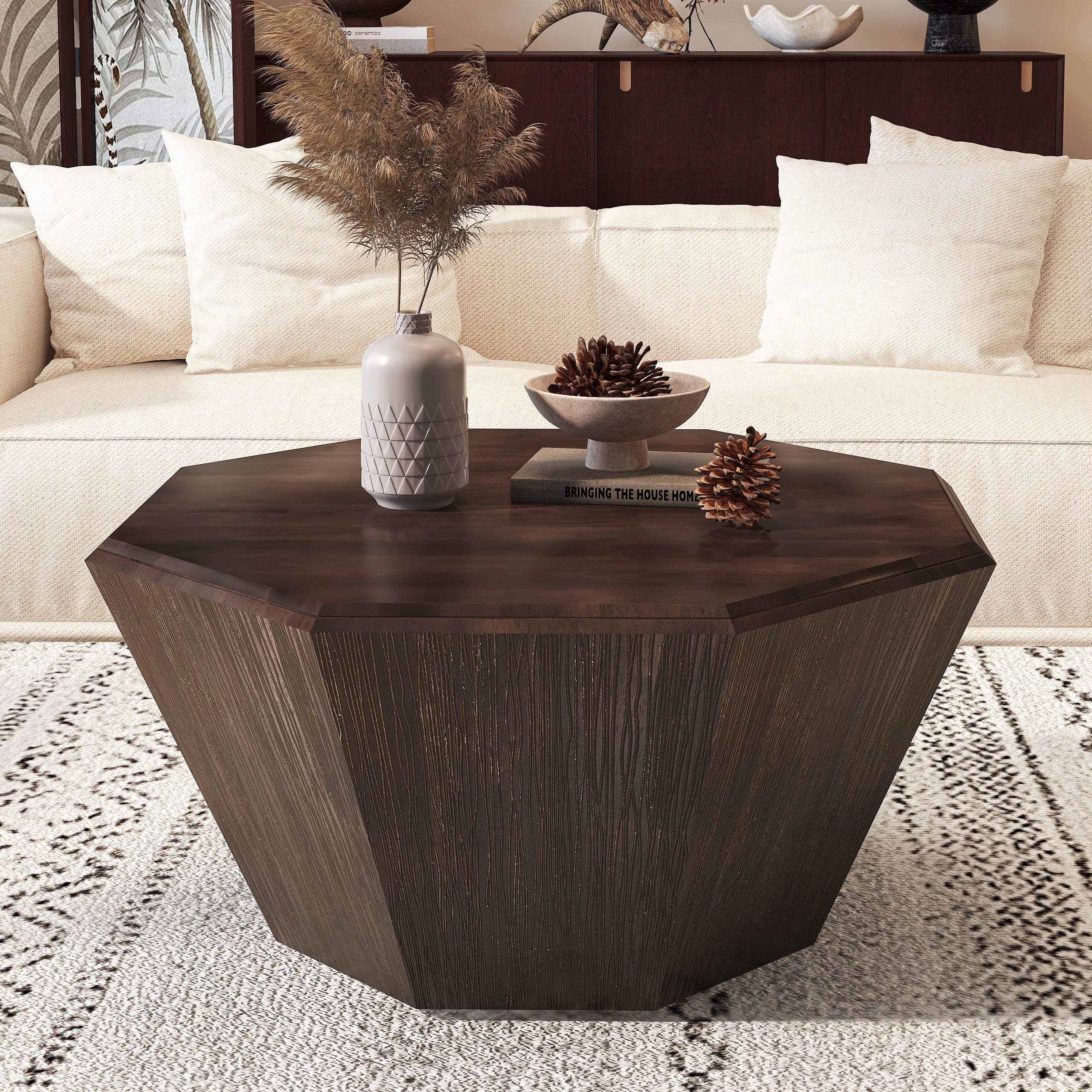 31.5" Octagonal Black Walnut Rubber Wood Coffee Table, Coffee Table, Living Room Bedroom