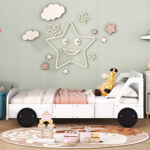 Full Size Car-Shaped Platform Bed with Wheels, White