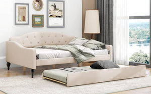 Full Size Upholstered Tufted Daybed with Twin Size Trundle, Beige