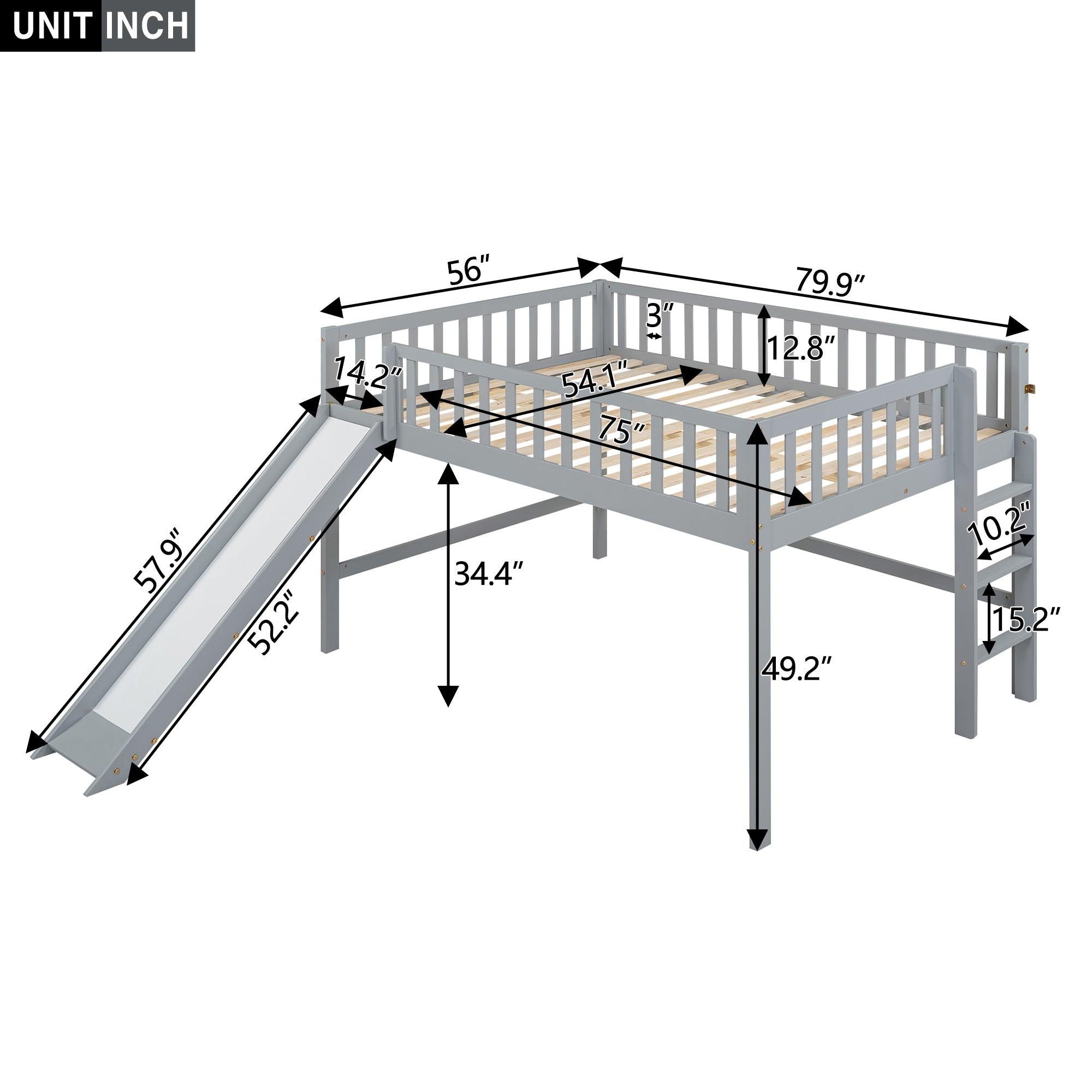 Full Size Low Loft Bed with Ladder and Slide, Gray