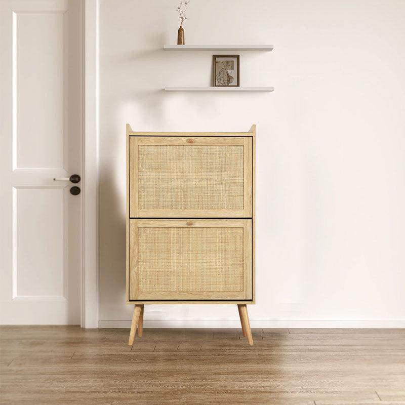 🆓🚛 Rustic Rattan Shoe Cabinet - Slim Entryway Shoe Storage With Cubic Space & 2 Flip Drawers