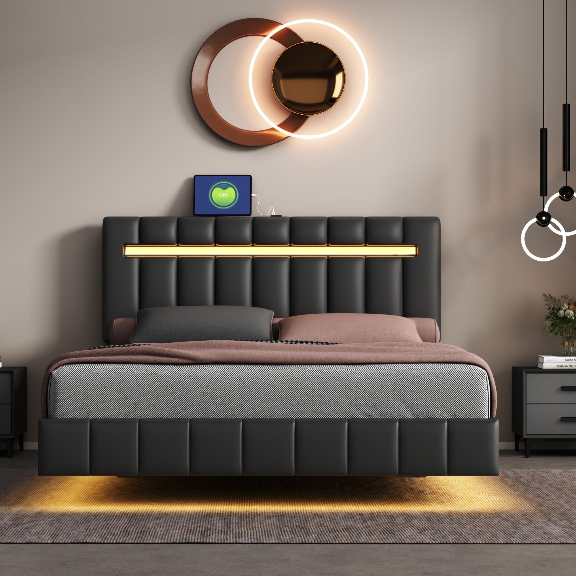 🆓🚛 Queen Size Floating Bed Frame With Led Lights & Usb Charging, Modern Upholstered Platform Led Bed Frame, Black