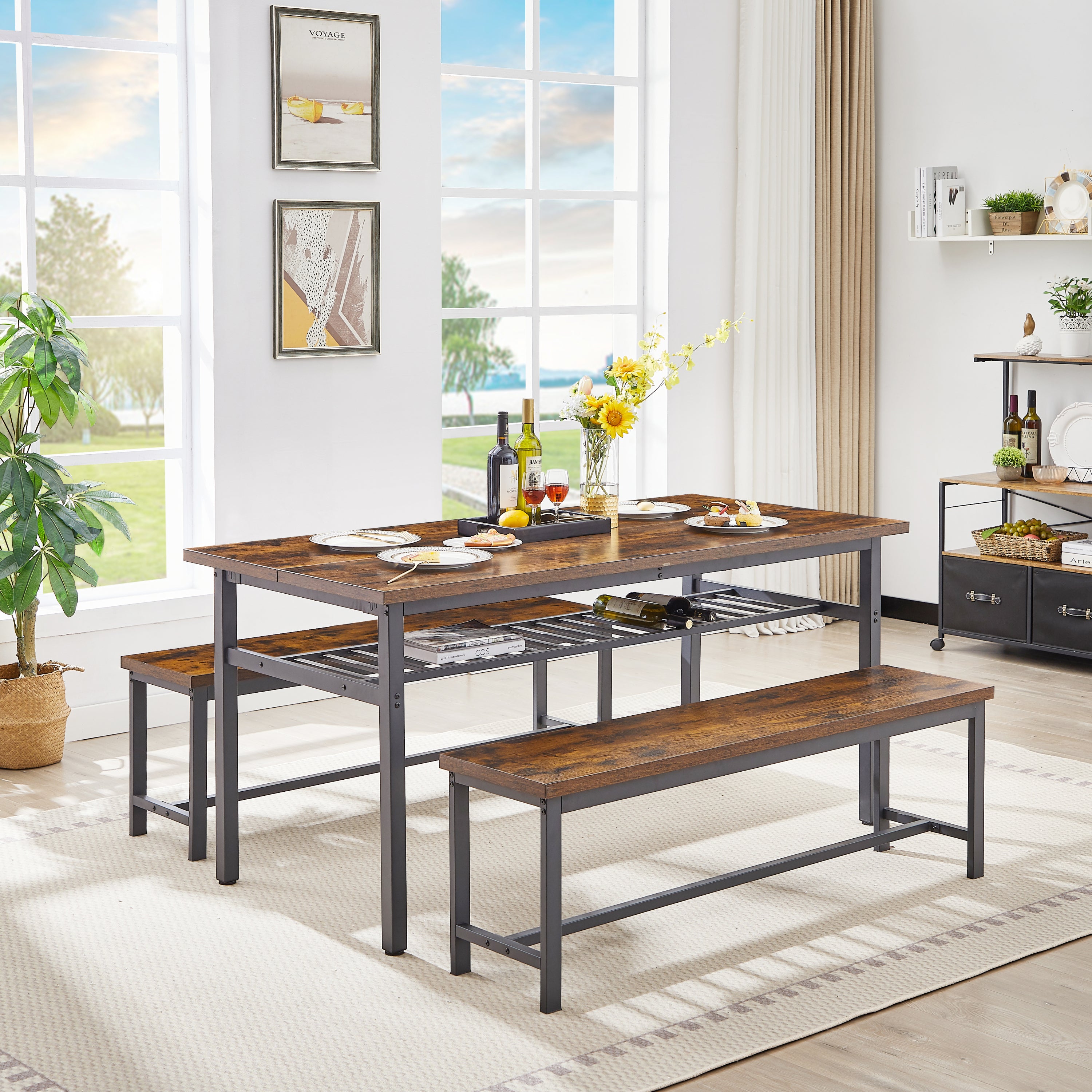 🆓🚛 Oversized Dining Table Set for 6, 3-Piece Kitchen Table With 2 Benches, Dining Room Table Set for Home Kitchen, Restaurant, Rustic Brown, 67'' L X 31.5'' W X 31.7'' H.