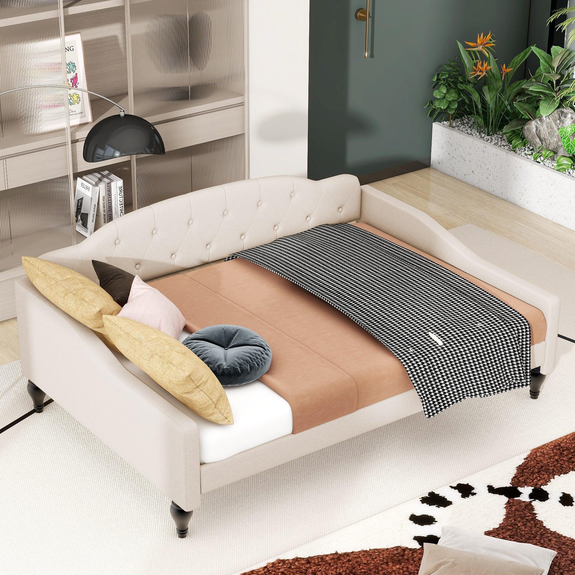 Full Size Upholstered Tufted Daybed, Beige