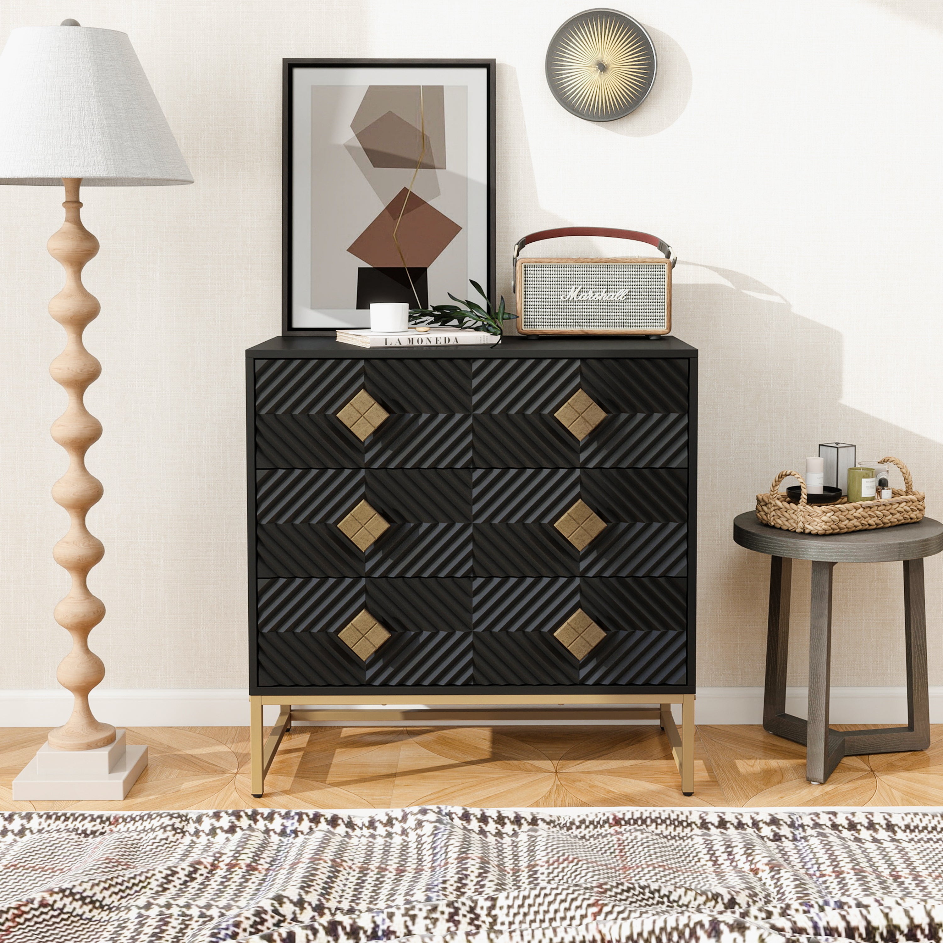 3 Drawer Storage Cabinet, 3 Drawer Modern Dresser, Chest of Drawers With Decorative Embossed Pattern Door for Entryway, Living Room, Bed Room