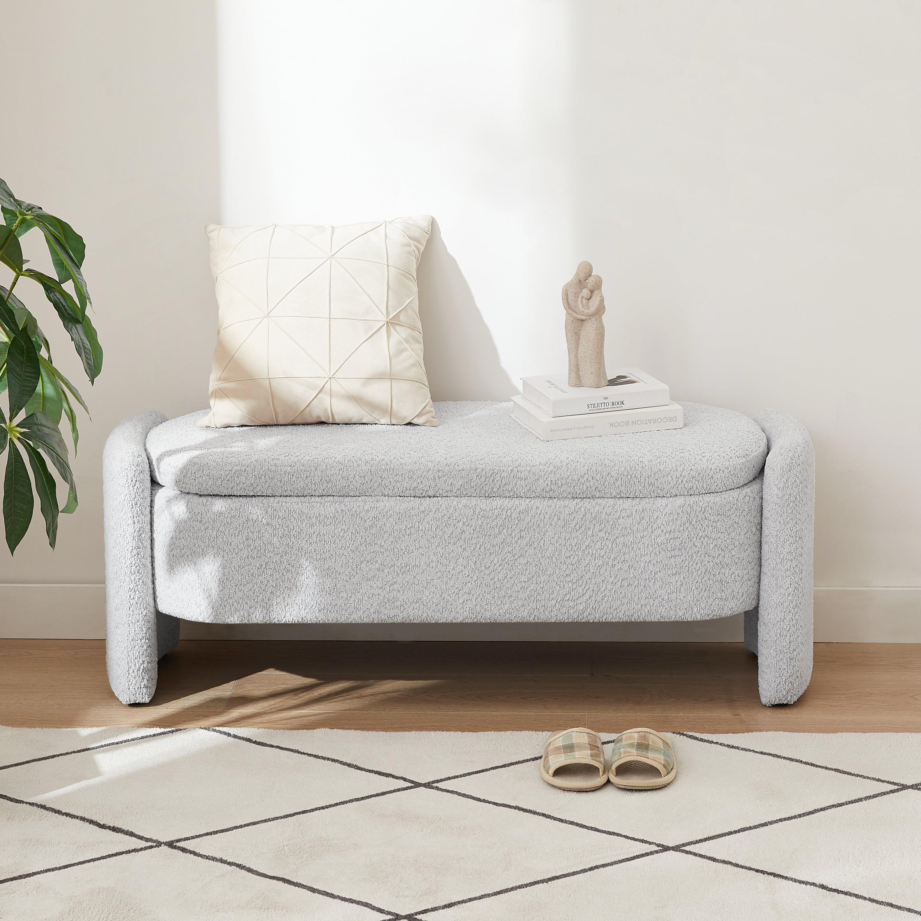 🆓🚛 Ottoman Oval Storage Bench 3D Lamb Fleece Fabric Bench With Large Storage Space for The Living Room, Entryway & Bedroom, Gray