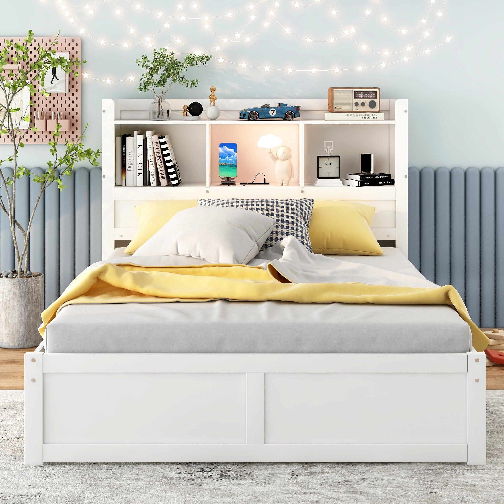 Full Size Storage Platform Bed with Pull Out Shelves, Twin Size Trundle and 2 Drawers, White