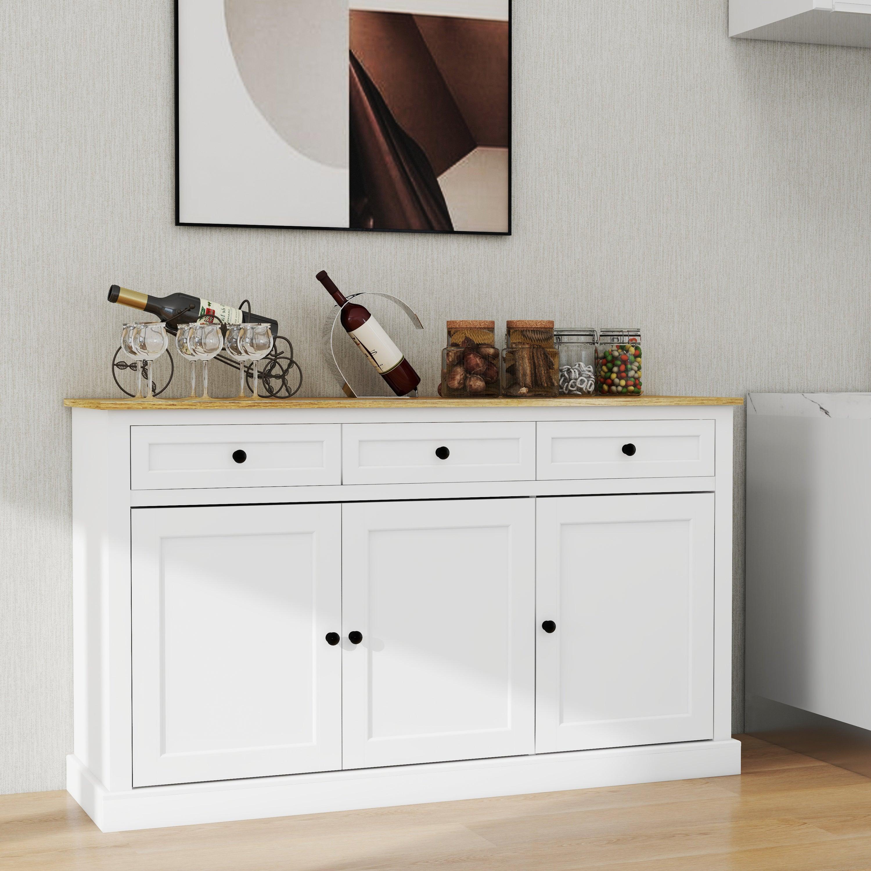 🆓🚛 Buffet Cabinet Storage Sideboard Farmhouse Server Bar Wine Cabinet With 3 Drawers & 3 Doors Adjustable Shelves for Dining Living Room Kitchen Cupboard-White