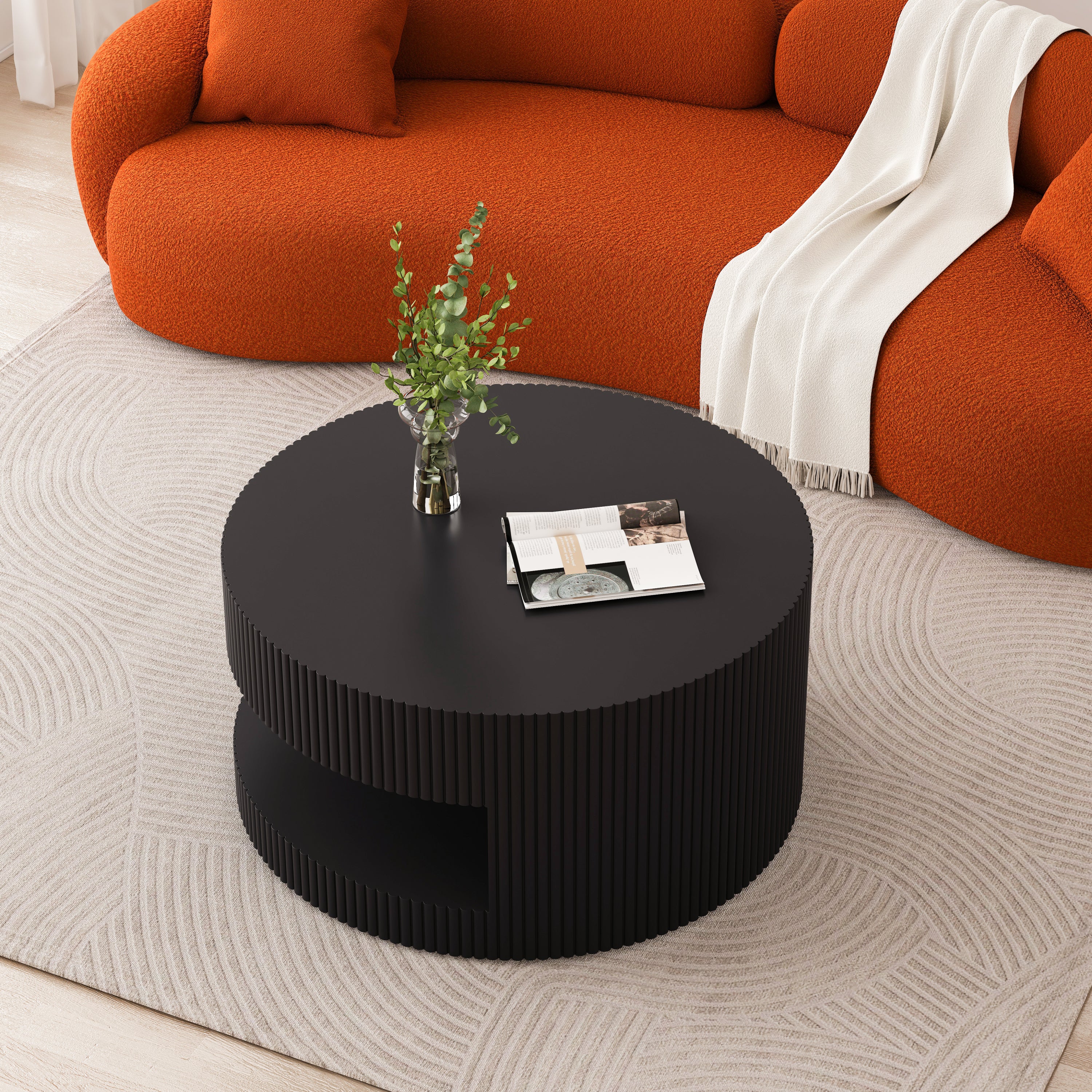 31.5'' Round Coffee Table, Modern Center Table With Storage, Vertical Stripe Design Coffee Table for Living Room, Bedroom (Black)