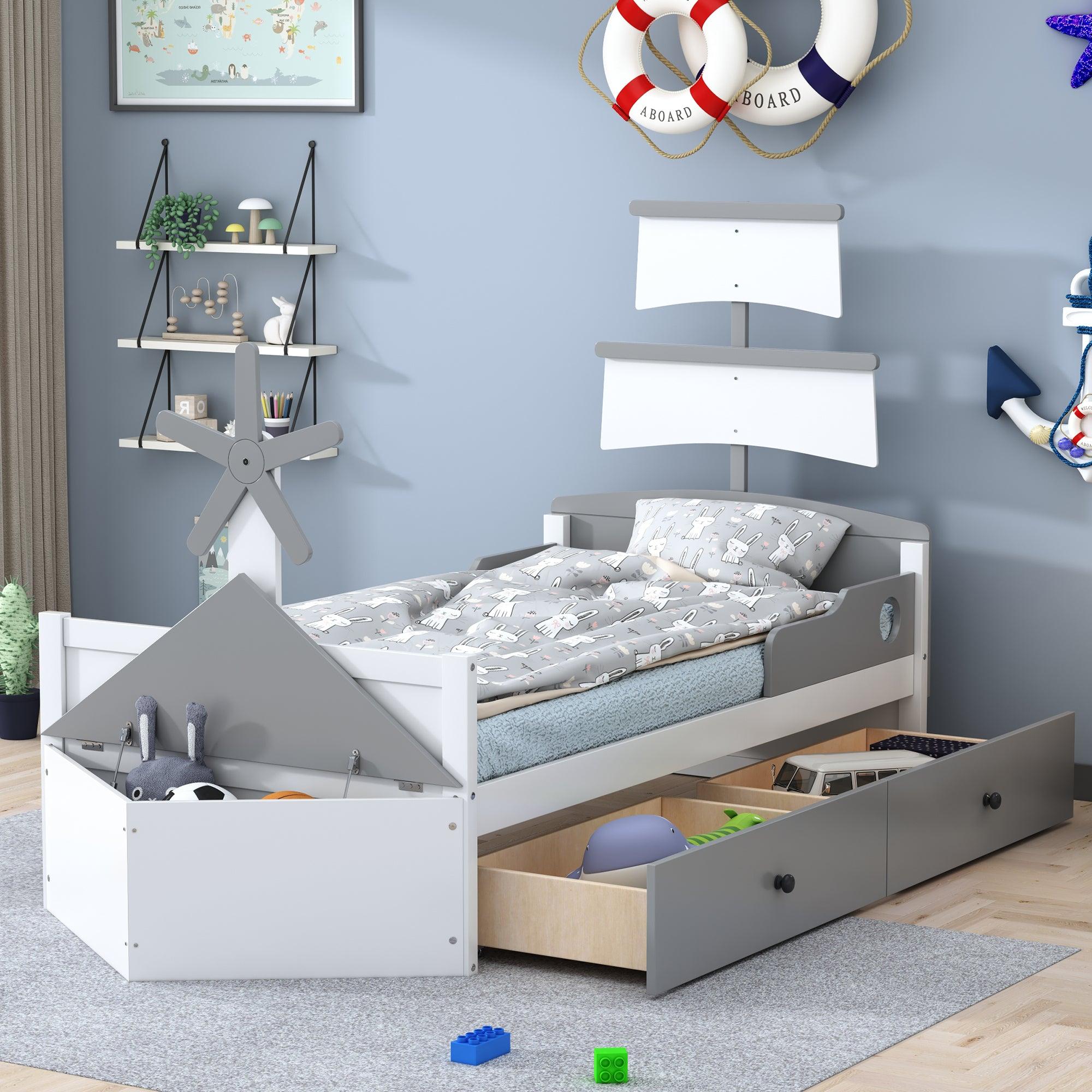 🆓🚛 Twin Size Boat-Shaped Platform Bed With 2 Drawers, Twin Bed With Storage for Bedroom, Gray