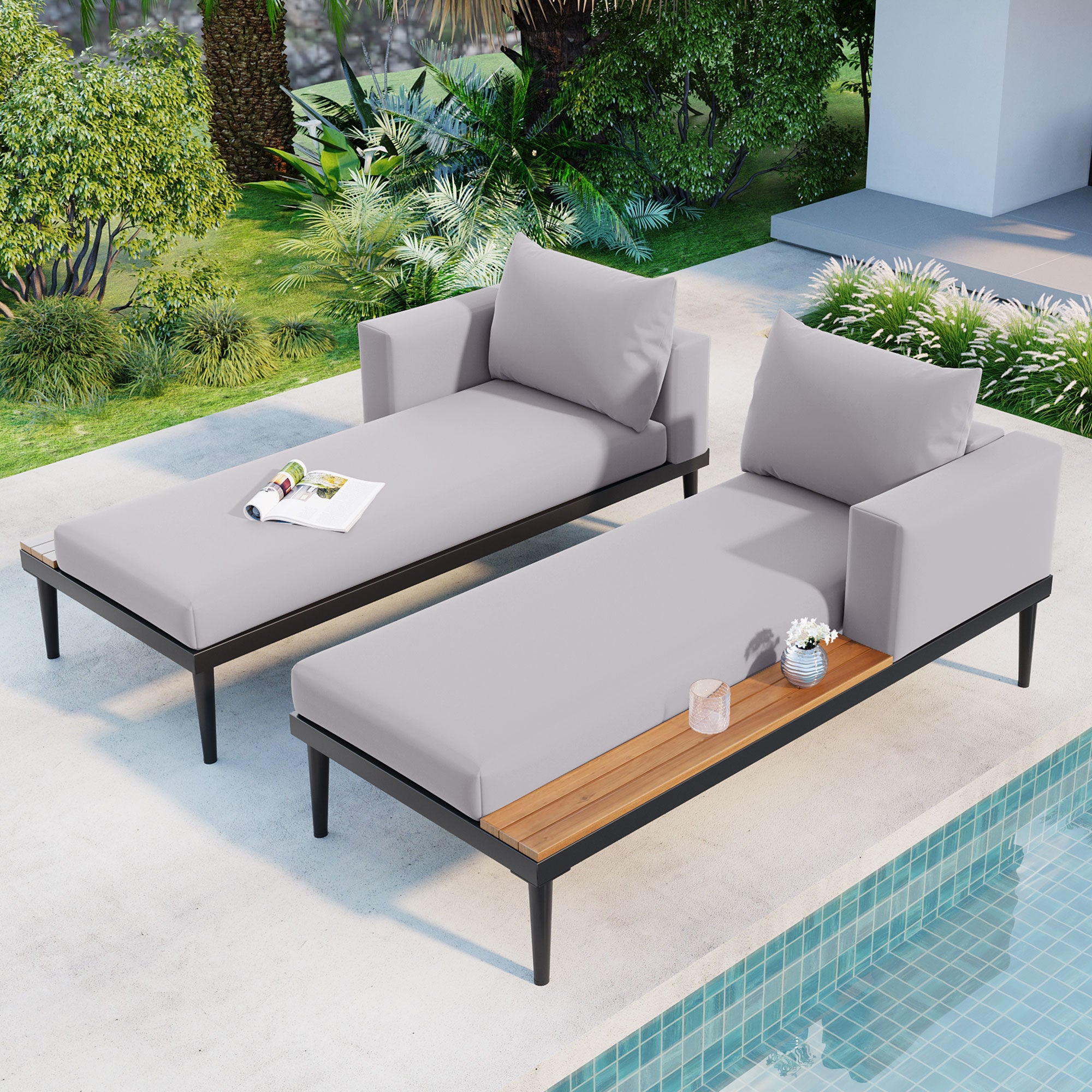 🆓🚛 Modern Outdoor Daybed Patio Metal Daybed With Wood Topped Side Spaces for Drinks, 2 In 1 Padded Chaise Lounges for Poolside, Balcony, Deck, Gray