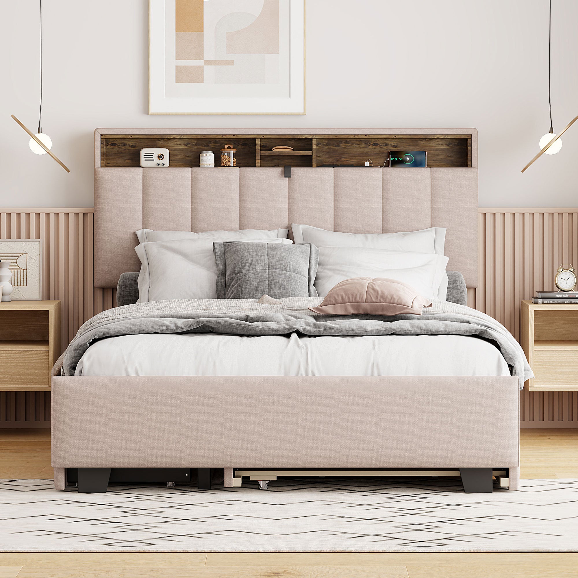 🆓🚛 Full Size Upholstered Platform Bed With Storage Headboard, Twin Size Trundle & 2 Drawers and a Set of Sockets & Usb Ports, Linen Fabric, Beige