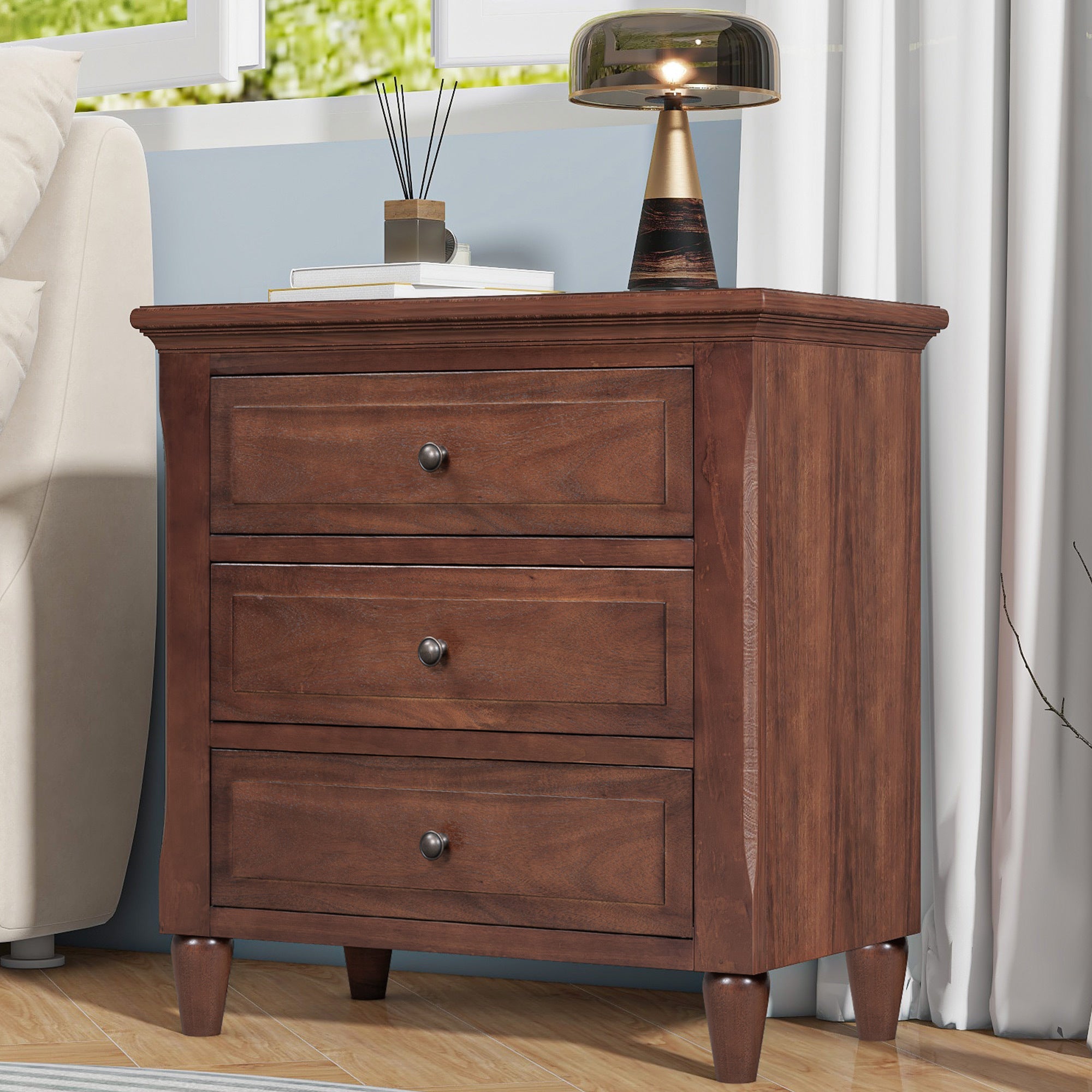 🆓🚛 3-Drawer Nightstand Storage Wood Cabinet, Brown