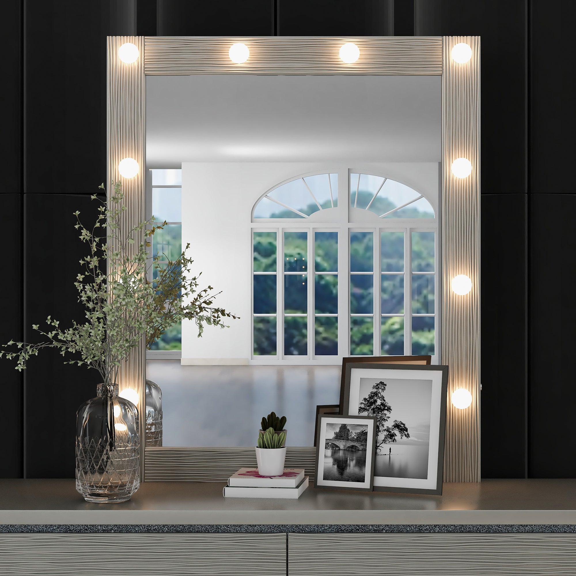 🆓🚛 Luxury Vanity Mirror With Led Lights, Rectangular Framed Make Up Mirror for Bedroom Living Room, Champagne Silver