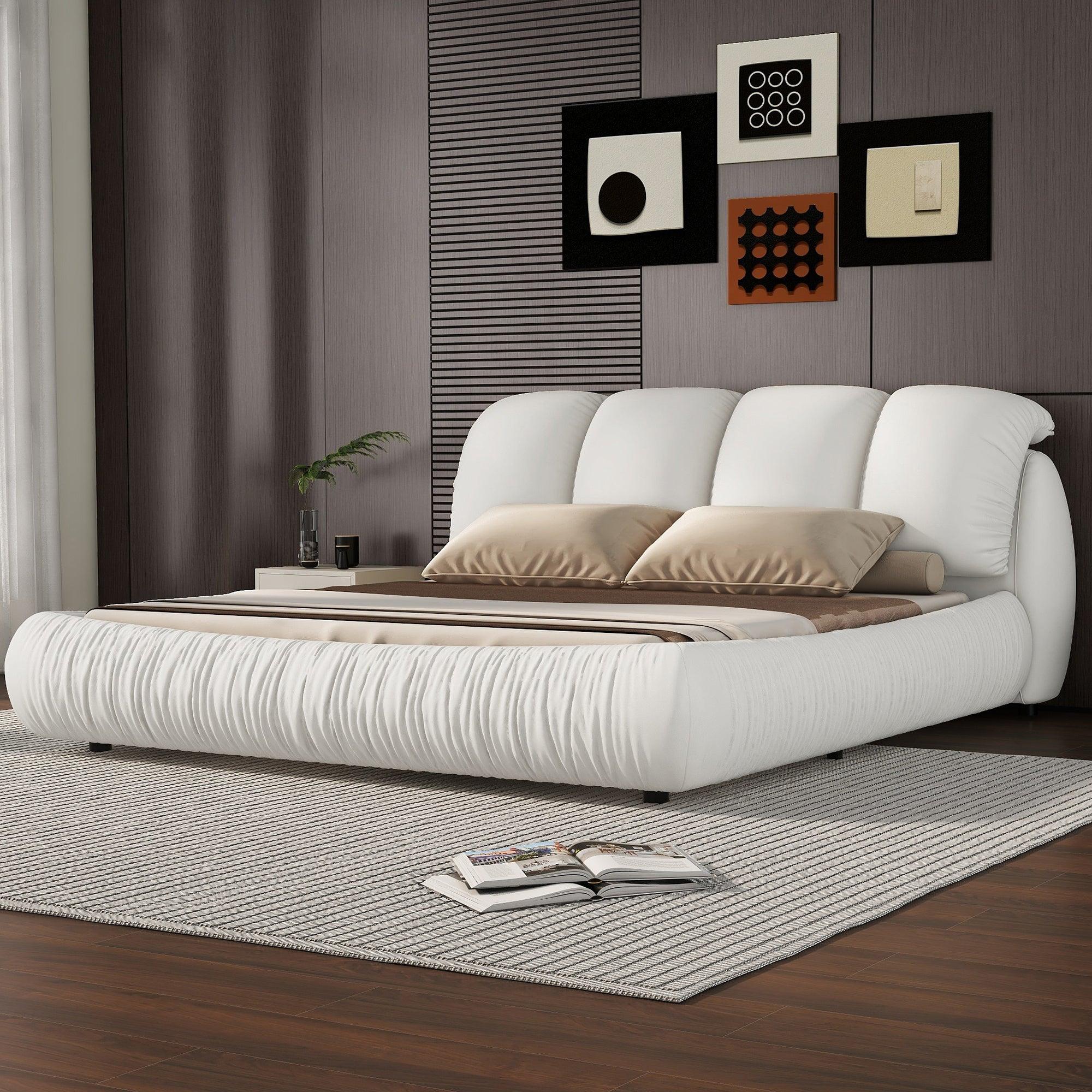 🆓🚛 Queen Size Luxury Upholstered Bed With Thick Headboard, Leather Queen Bed With Oversized Padded Backrest, White