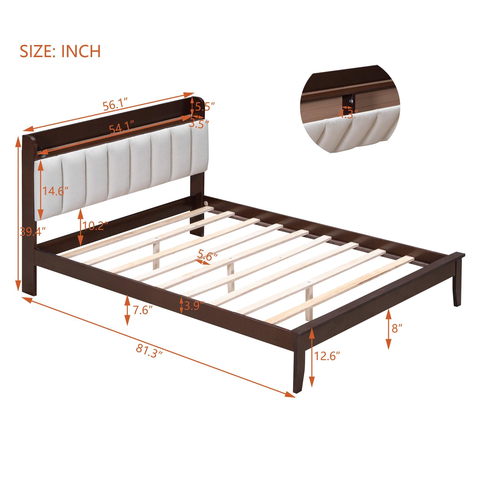 Full size Platform Bed with USB Charging Station and Storage Upholstered Headboard, LED Bed Frame, No Box Spring Needed, Walnut+Beige